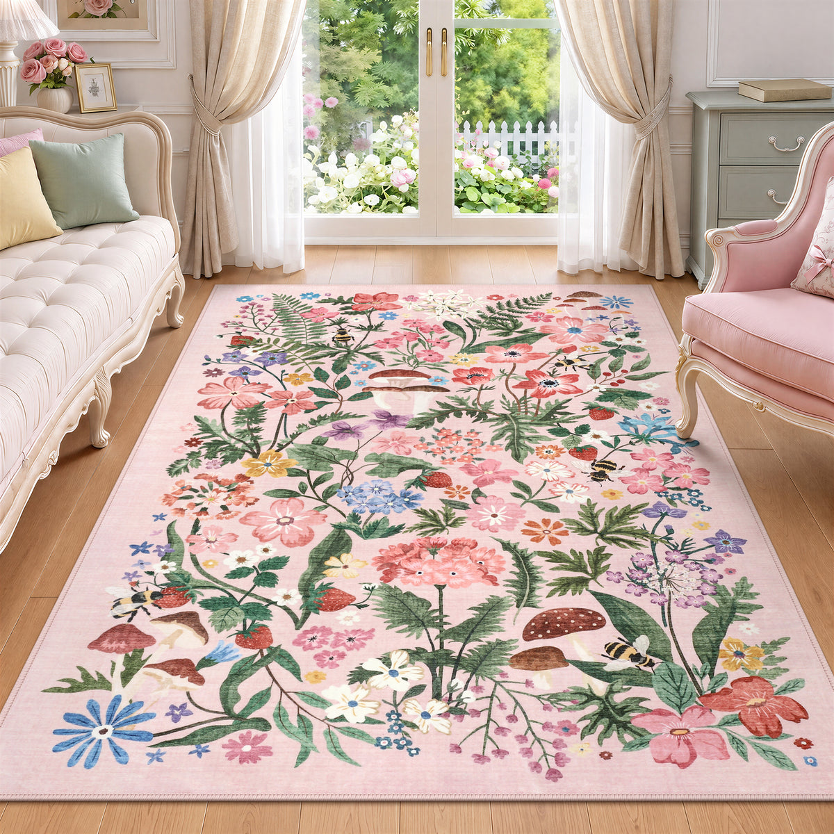 Washable Floral Area Rug, Non-Slip Low Pile Botanical Carpet