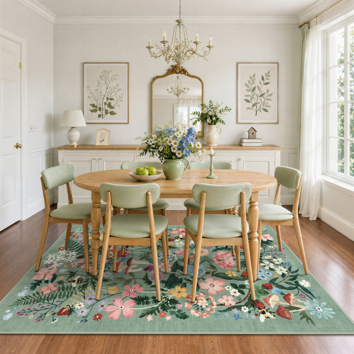 Washable Floral Area Rug, Non-Slip Low Pile Botanical Carpet