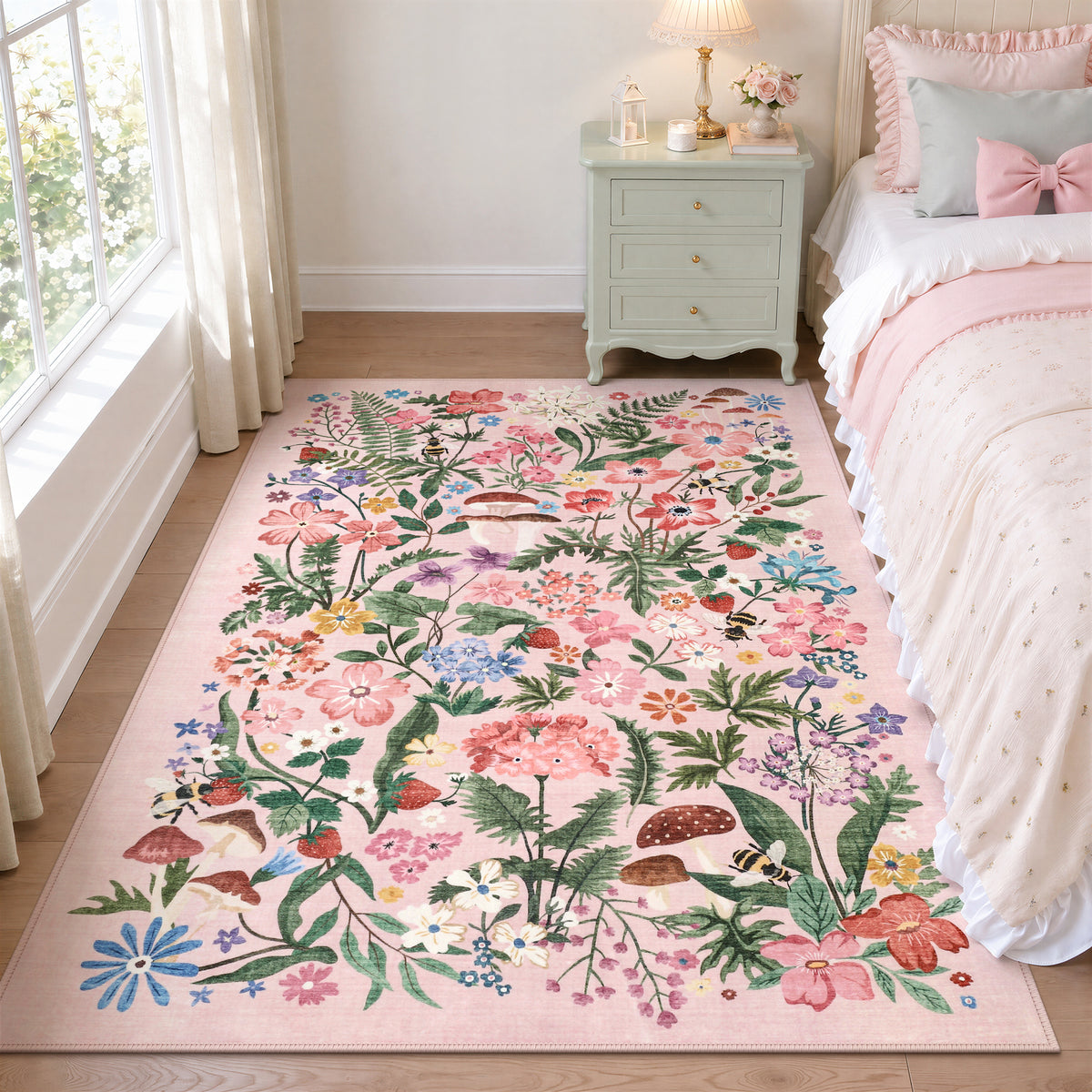 Washable Floral Area Rug, Non-Slip Low Pile Botanical Carpet