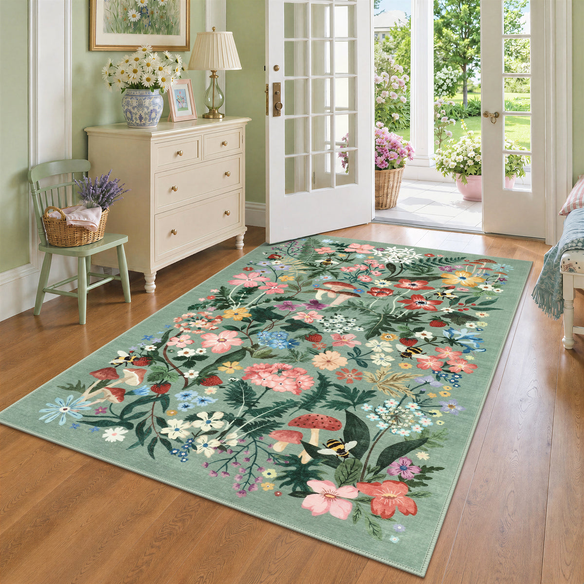 Washable Floral Area Rug, Non-Slip Low Pile Botanical Carpet