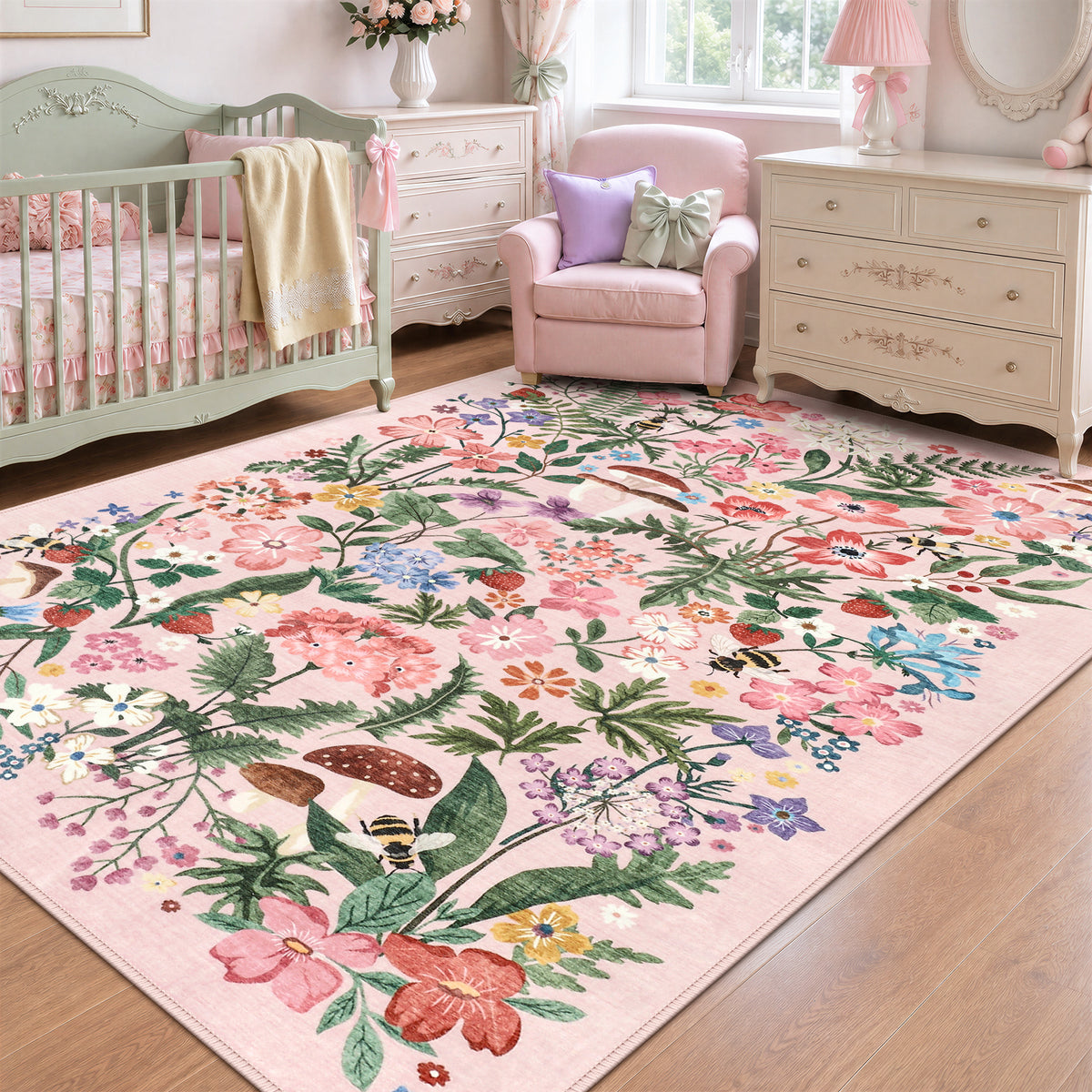 Washable Floral Area Rug, Non-Slip Low Pile Botanical Carpet
