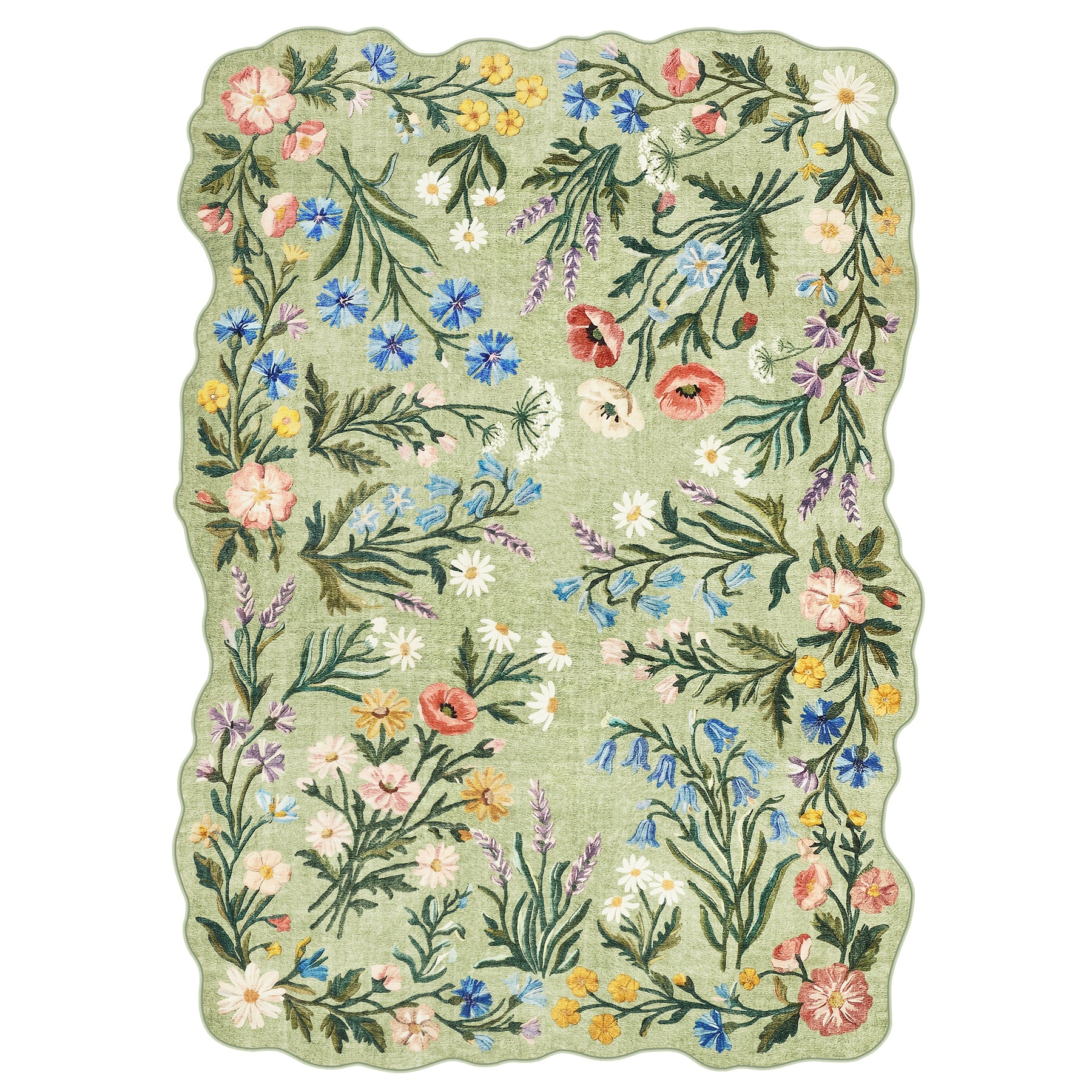 5x7/8x10 Floral Area Rug, Machine Washable Faux Wool, Non-Slip Scalloped Botanical Carpet