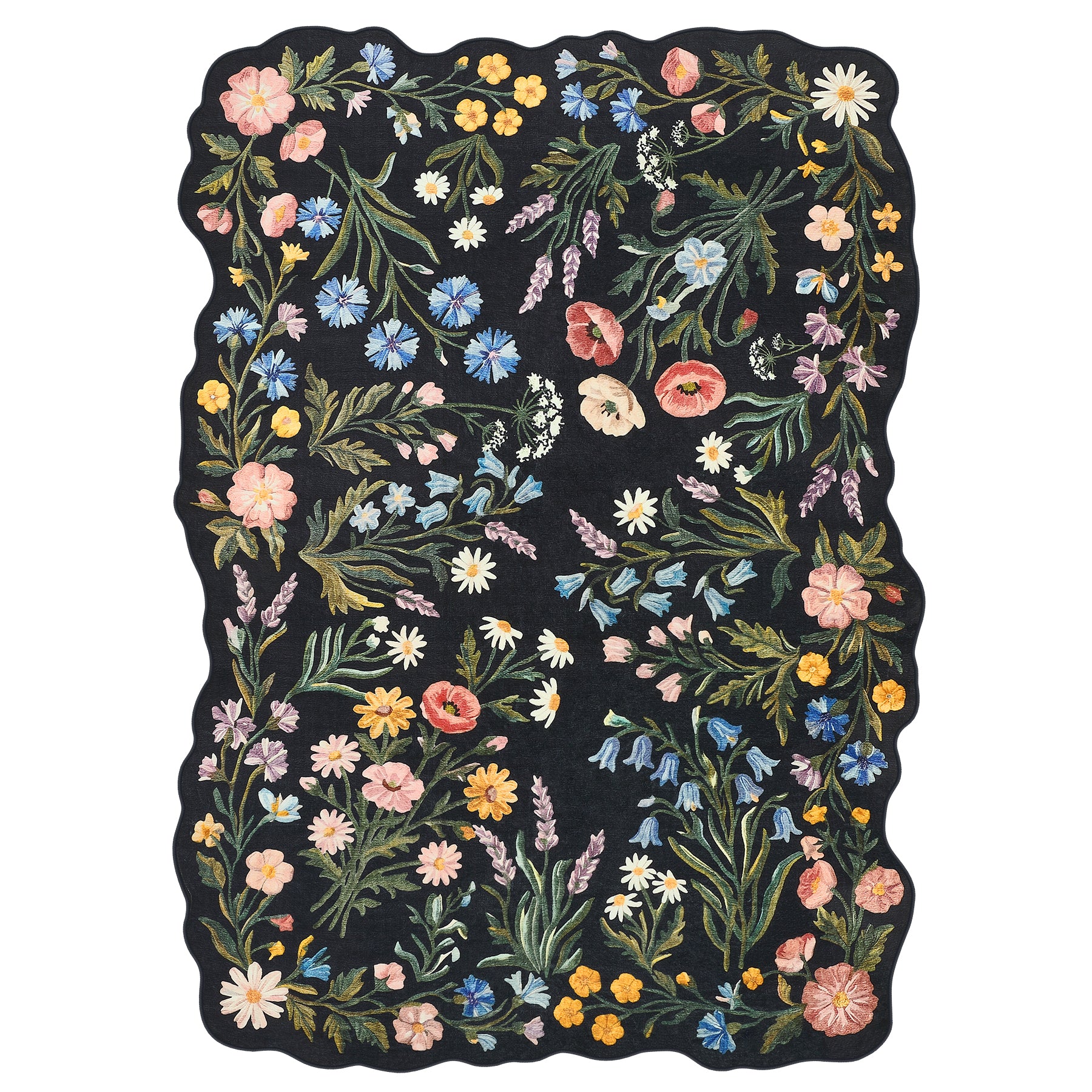 5x7/8x10 Floral Area Rug, Machine Washable Faux Wool, Non-Slip Scalloped Botanical Carpet