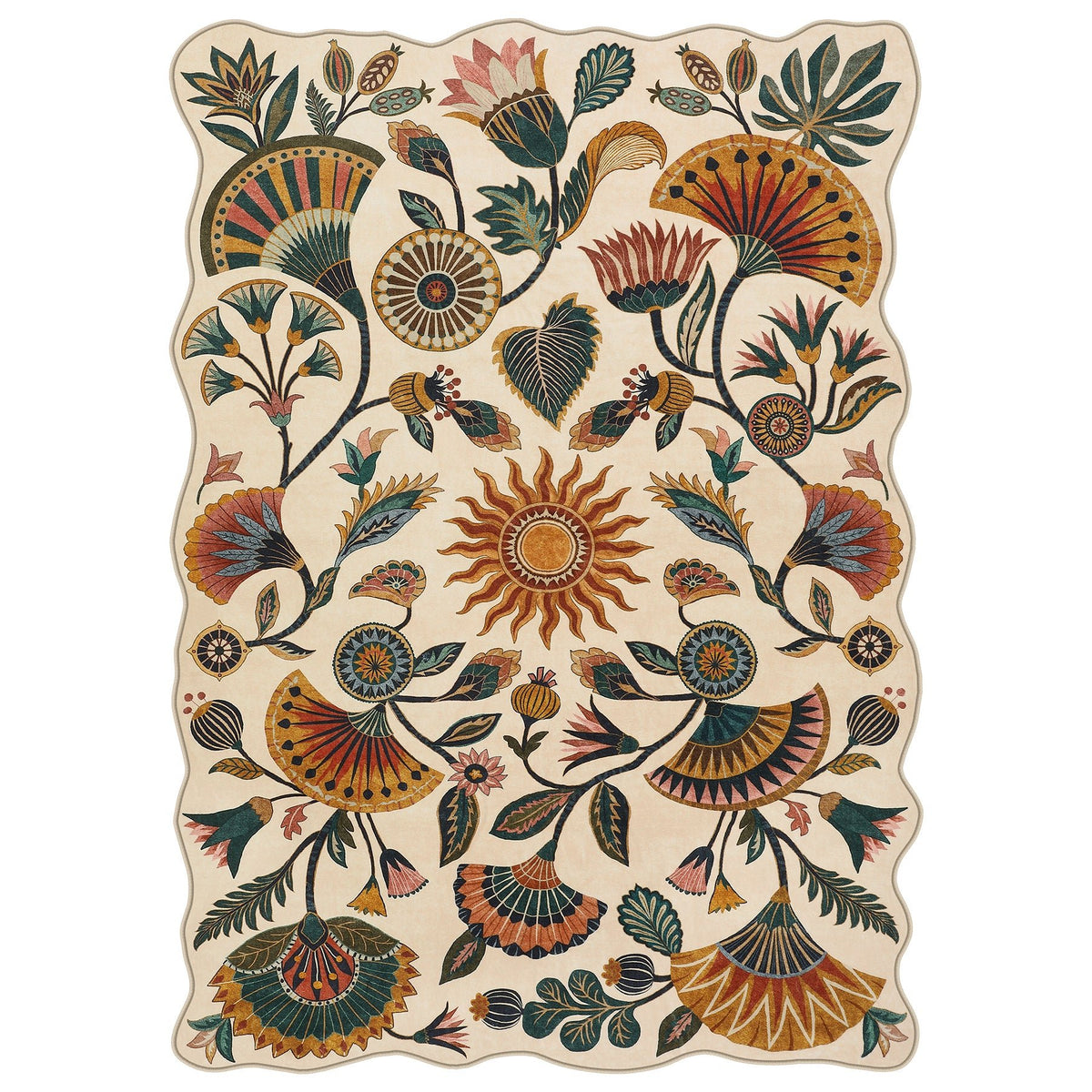 Boho Floral Washable Area Rug, Non-Slip Rug for Living Room Bedroom, Boho Floral Carpet