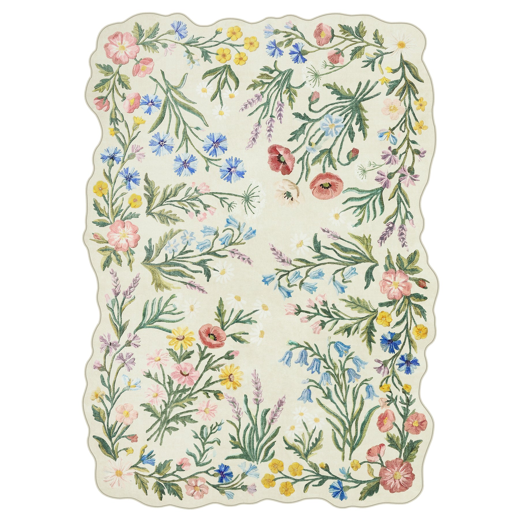 5x7/8x10 Floral Area Rug, Machine Washable Faux Wool, Non-Slip Scalloped Botanical Carpet