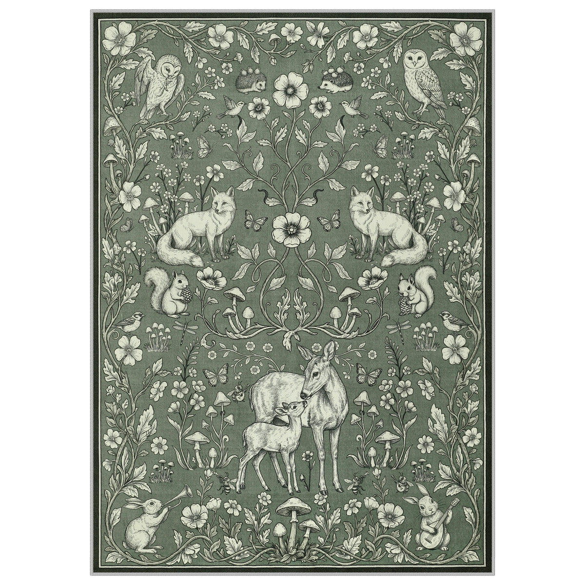 Whimsical Woodland Botanical Area Rug, Soft Low Pile Washable Non Slip Indoor Carpet