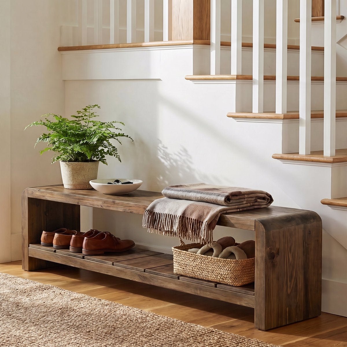 59" Solid Wood Entryway Bench, Farmhouse End of Bed Seating Shoe Bench with Storage