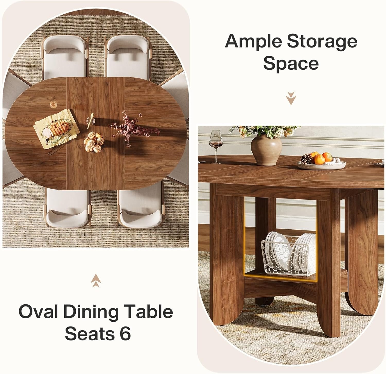 59" Dining Table for 4-6, Modern Oval Kitchen Table with Storage Shelf