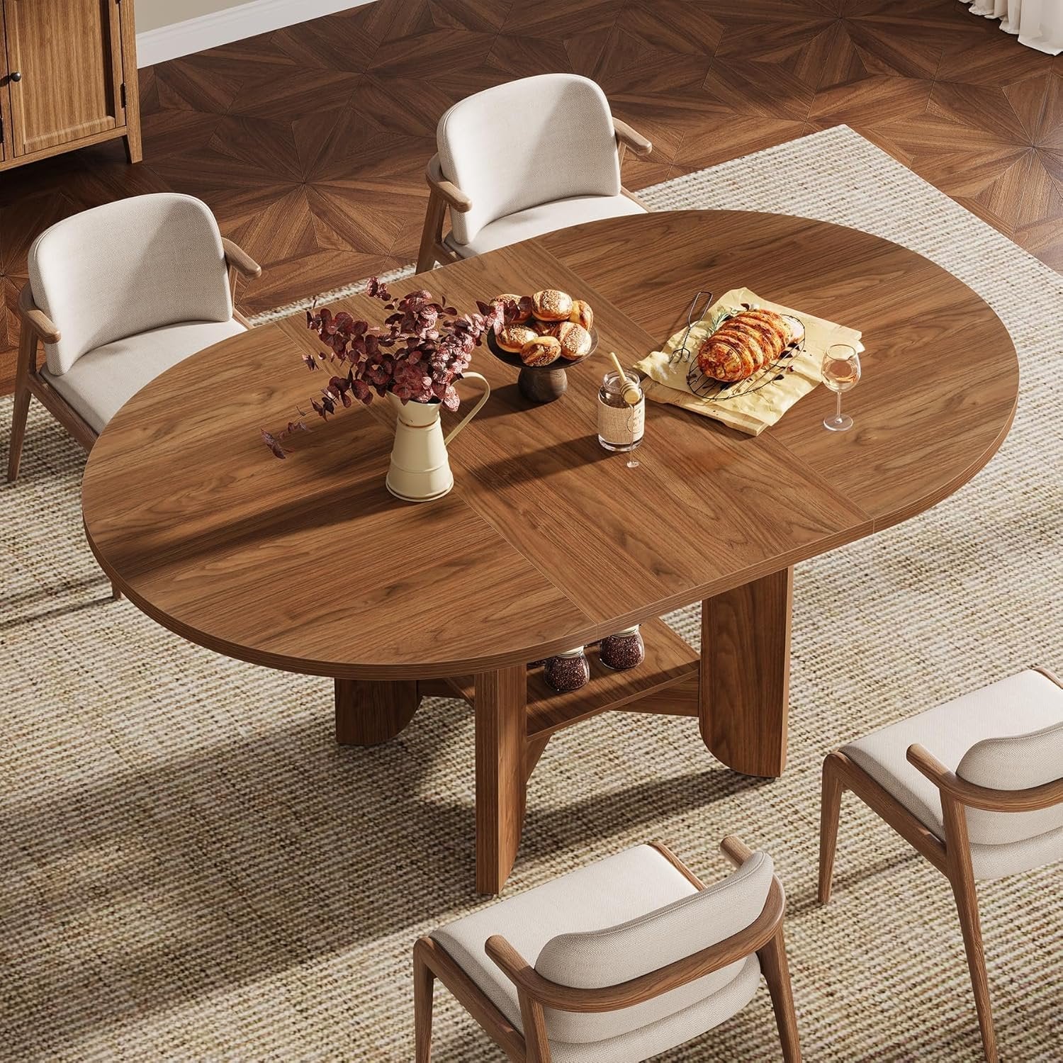 59" Dining Table for 4-6, Modern Oval Kitchen Table with Storage Shelf
