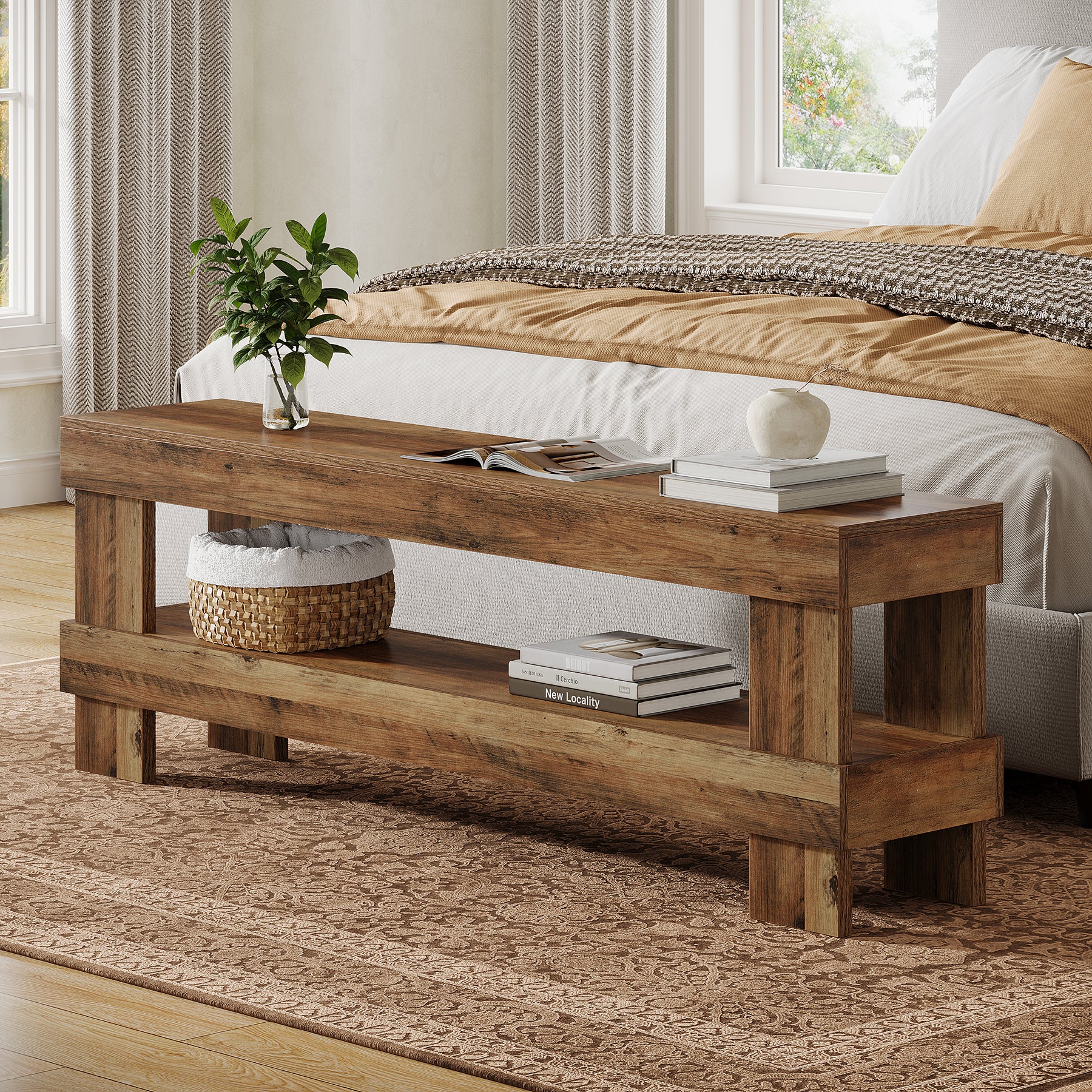 59" Entryway Bench, 2-Tier Shoe Bench Seat End of Bed Storage Benches