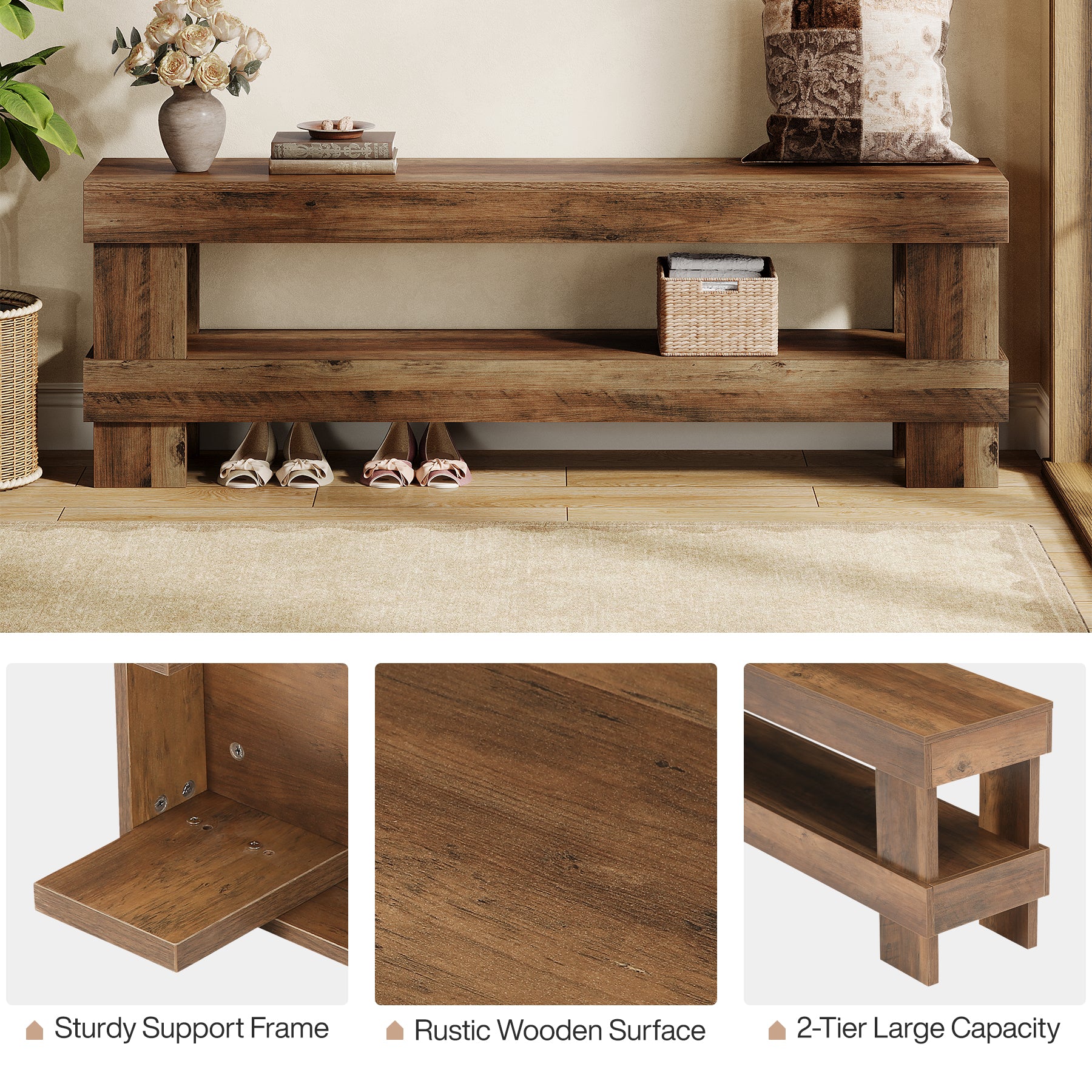 59" Entryway Bench, 2-Tier Shoe Bench Seat End of Bed Storage Benches
