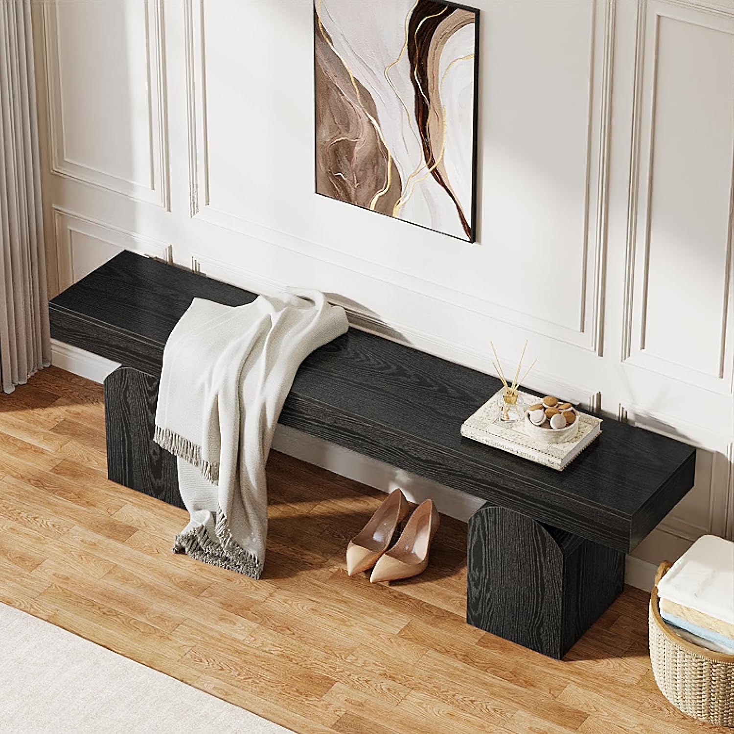 59" Entryway Bench, Long Shoe Bench with Arched Bases