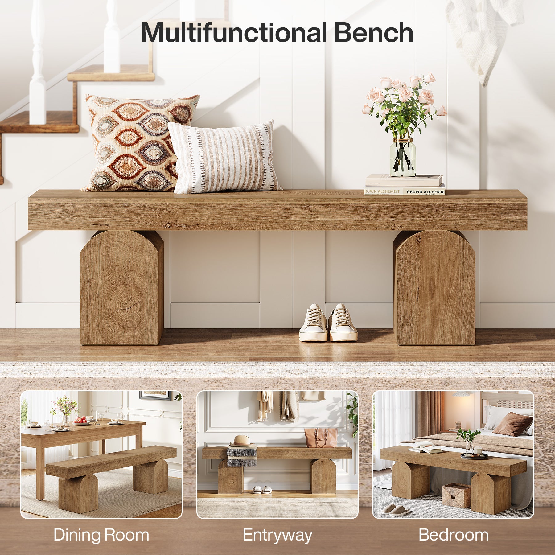 59" Entryway Bench, Long Shoe Bench with Arched Bases for Entry Way