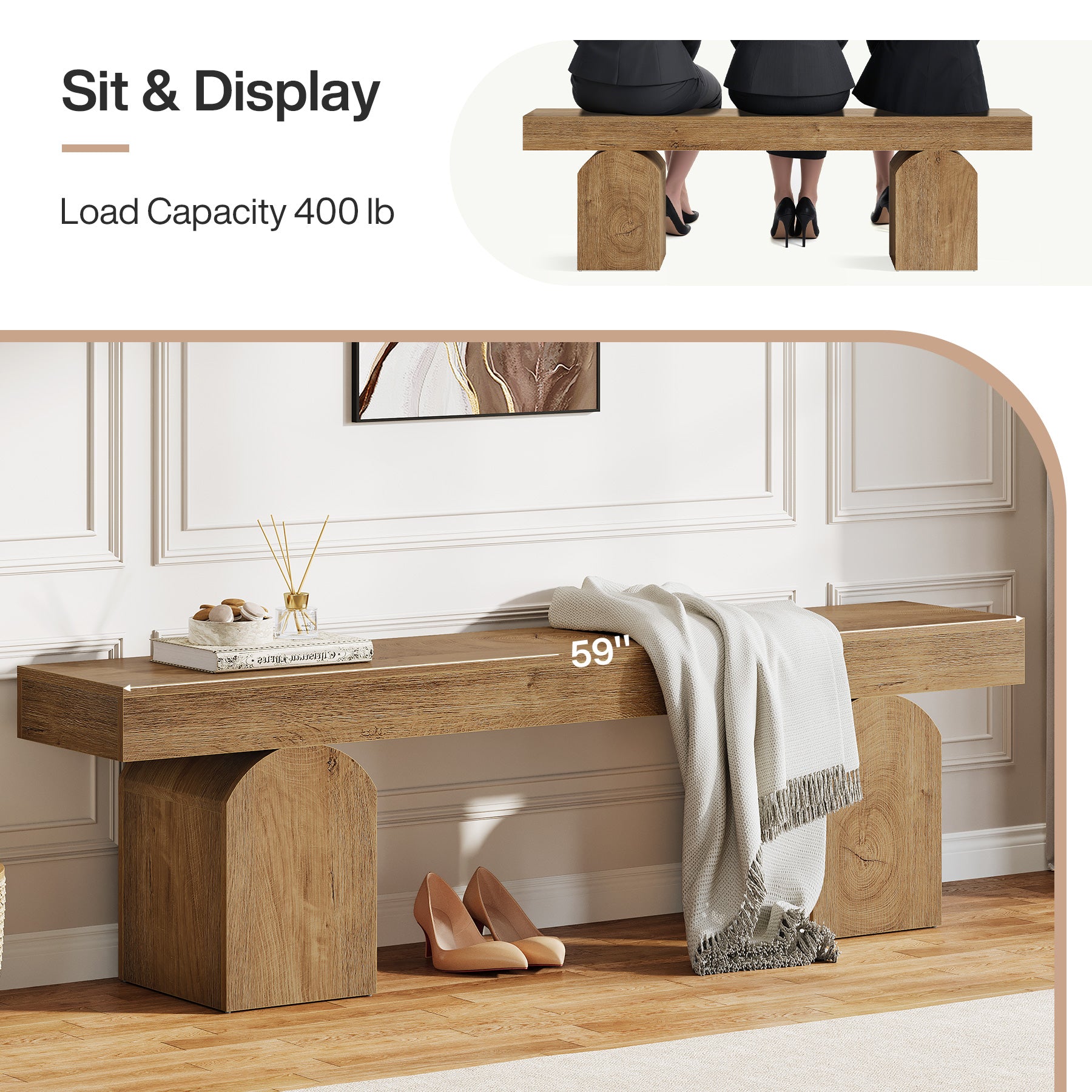 59" Entryway Bench, Long Shoe Bench with Arched Bases for Entry Way