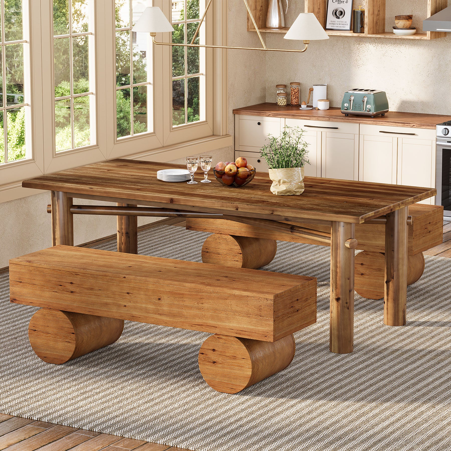 59" Farmhouse Dining Bench, Solid Wood Kitchen Table Bench with Thickened Seat