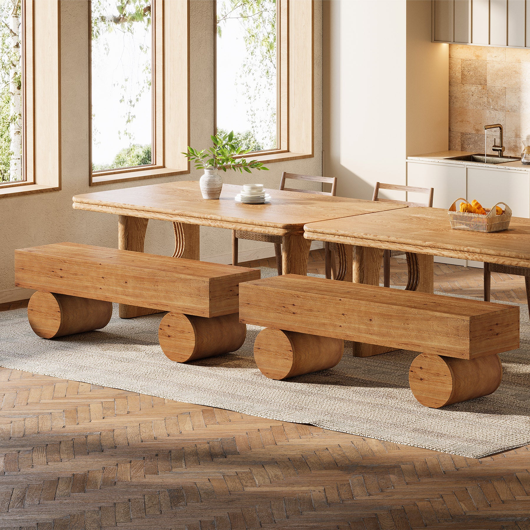 59" Farmhouse Dining Bench, Solid Wood Kitchen Table Bench with Thickened Seat