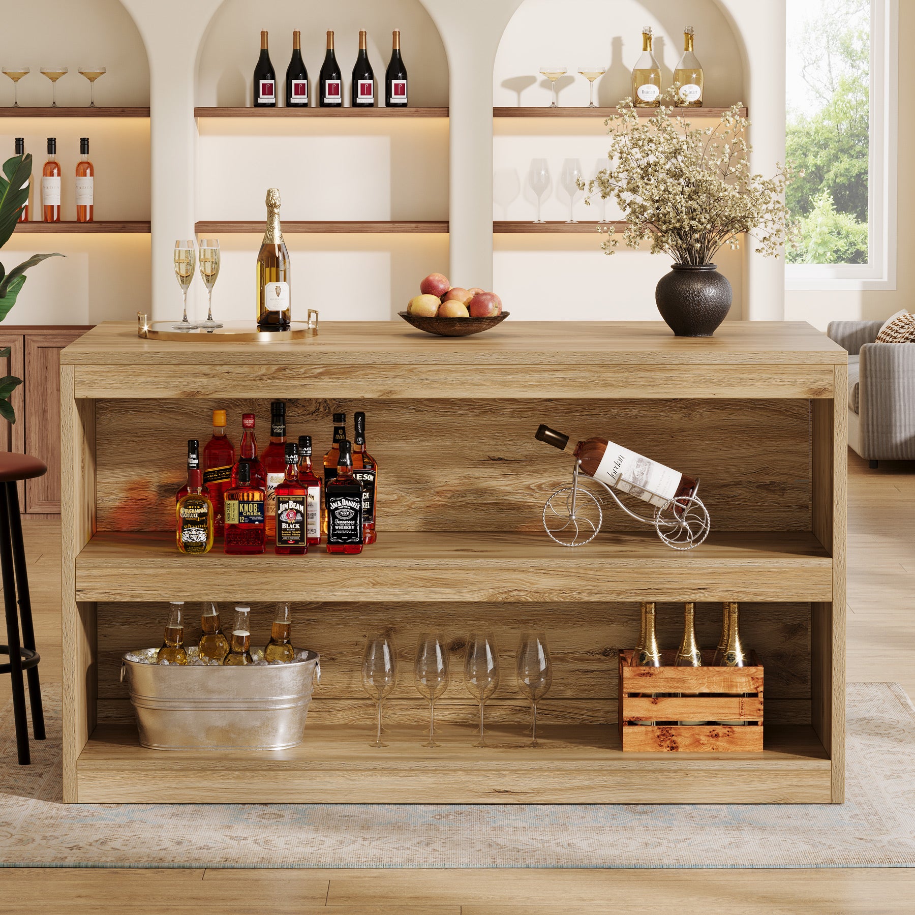 59" Home Bar Table, Rectangular Pub Table Coffee Bar Cabinet with 2-Tier Open Shelves