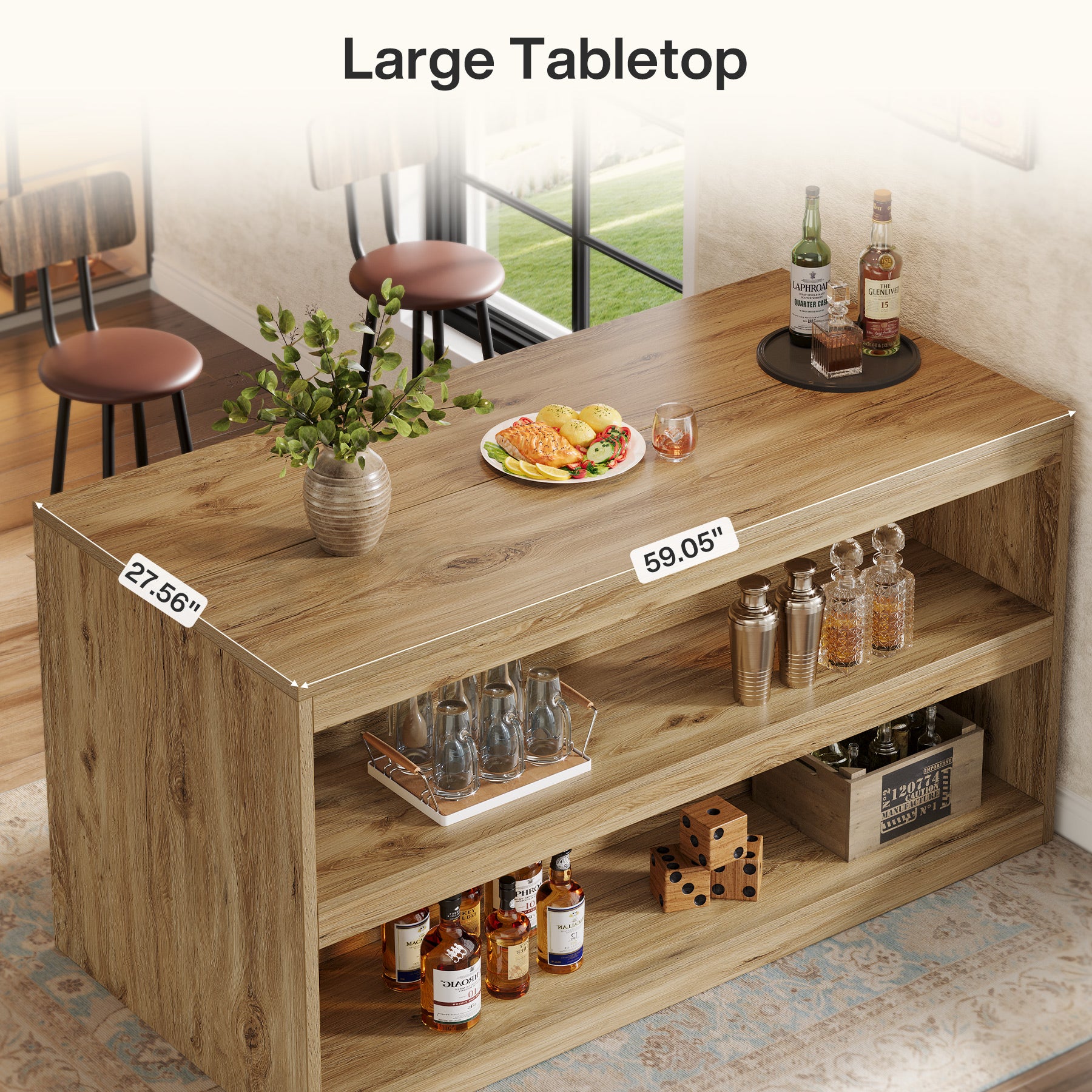 59" Home Bar Table, Rectangular Pub Table Coffee Bar Cabinet with 2-Tier Open Shelves