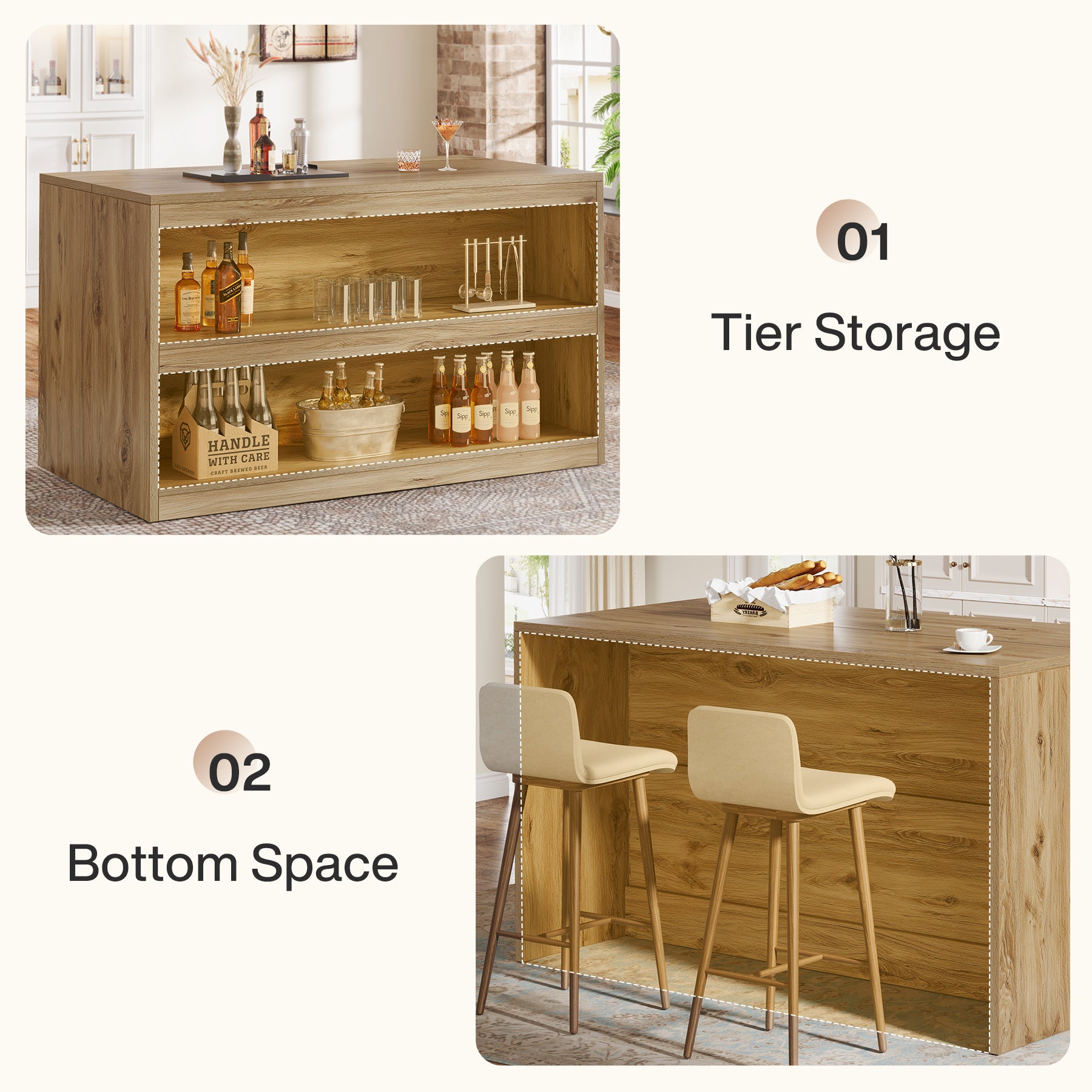 59" Home Bar Table, Rectangular Pub Table Coffee Bar Cabinet with 2-Tier Open Shelves