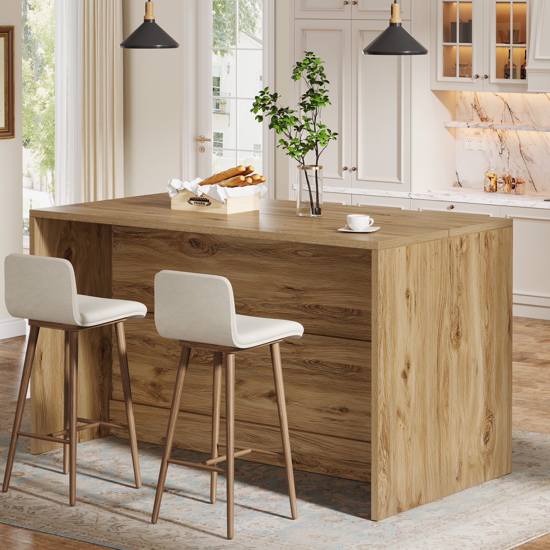 59" Kitchen Island, 3-Tier Farmhouse Stationary Island Table with Storage