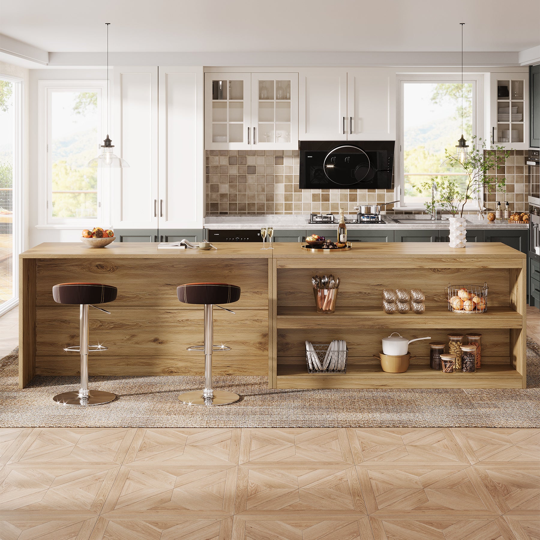 59" Kitchen Island, 3-Tier Farmhouse Stationary Island Table with Storage