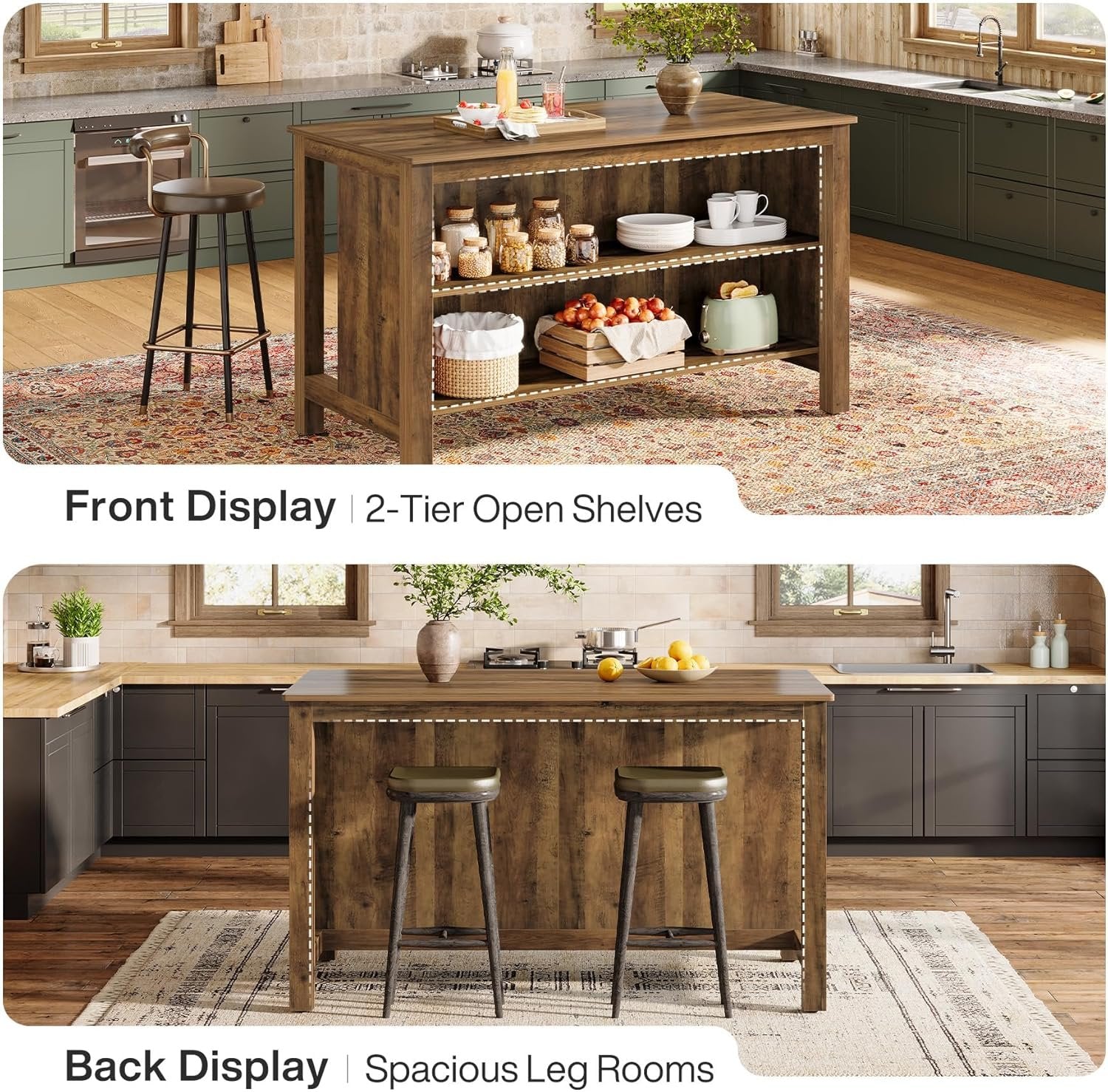 59" Kitchen Island, Farmhouse Stationary Island Table with Storage for Kitchen