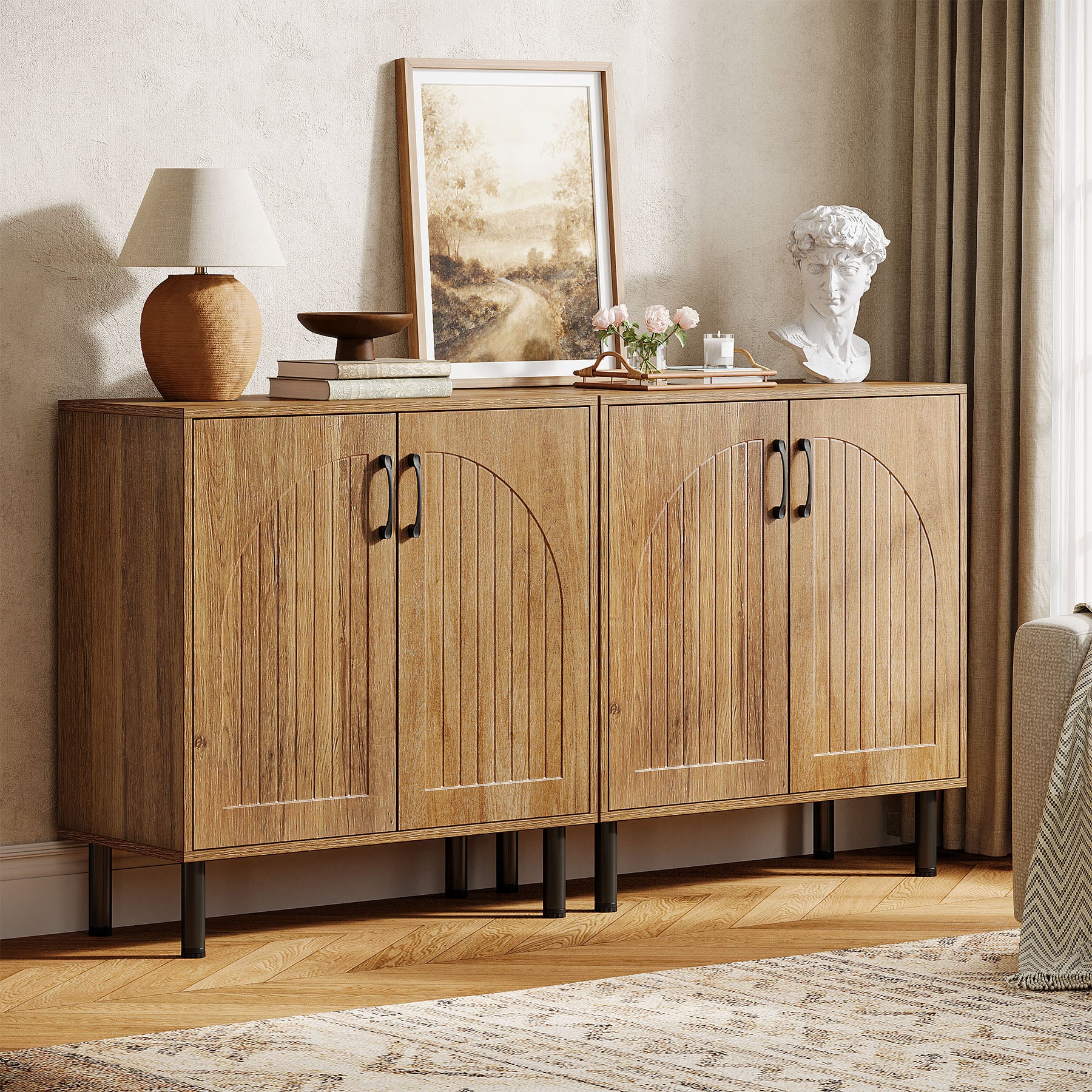 59" Sideboard Buffet, Farmhouse Kitchen Storage Cabinet Set of 2 with Adjustable Shelves