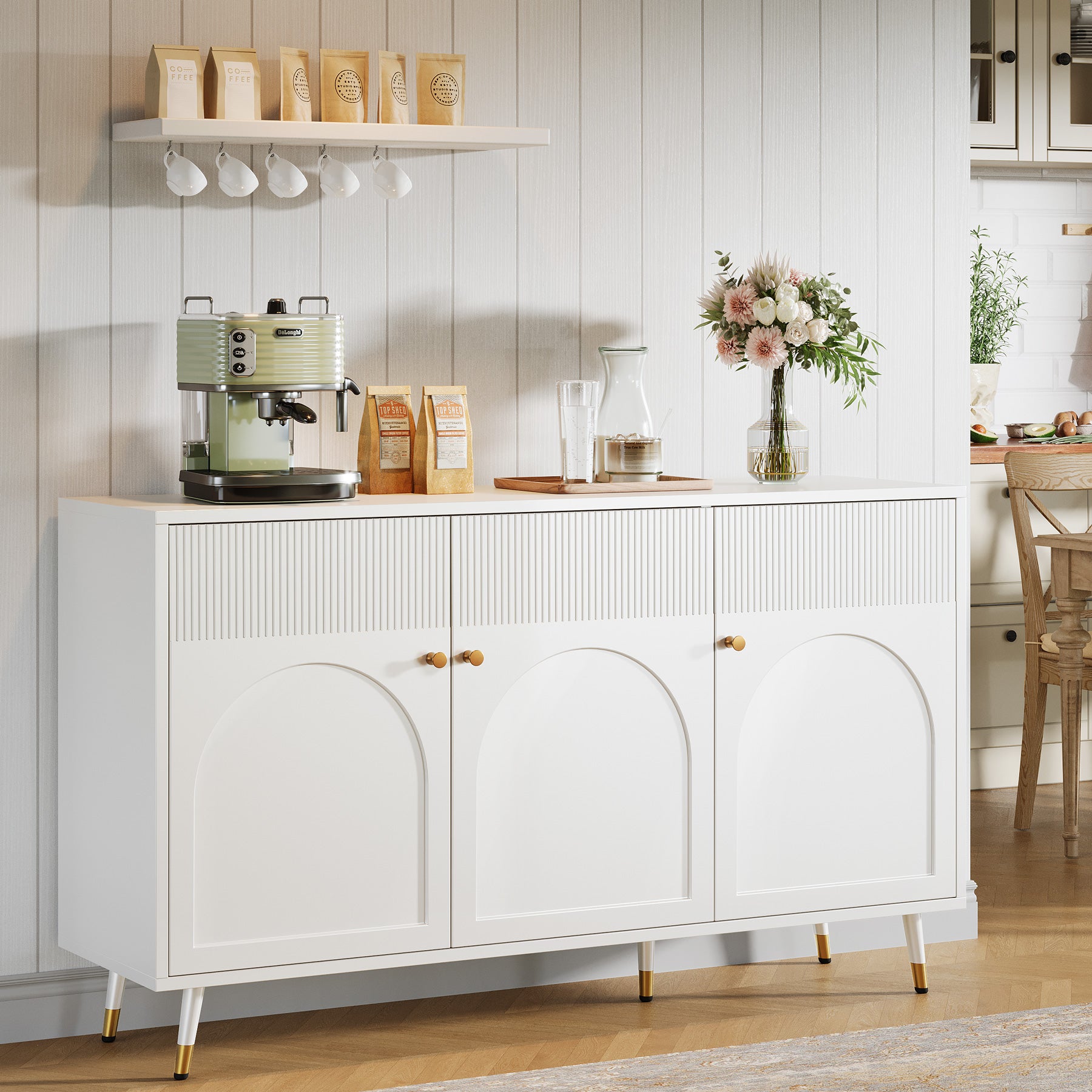 59" Sideboard Buffet, Kitchen Credenza Storage Cabinet with 3 Doors and 2 Shelves