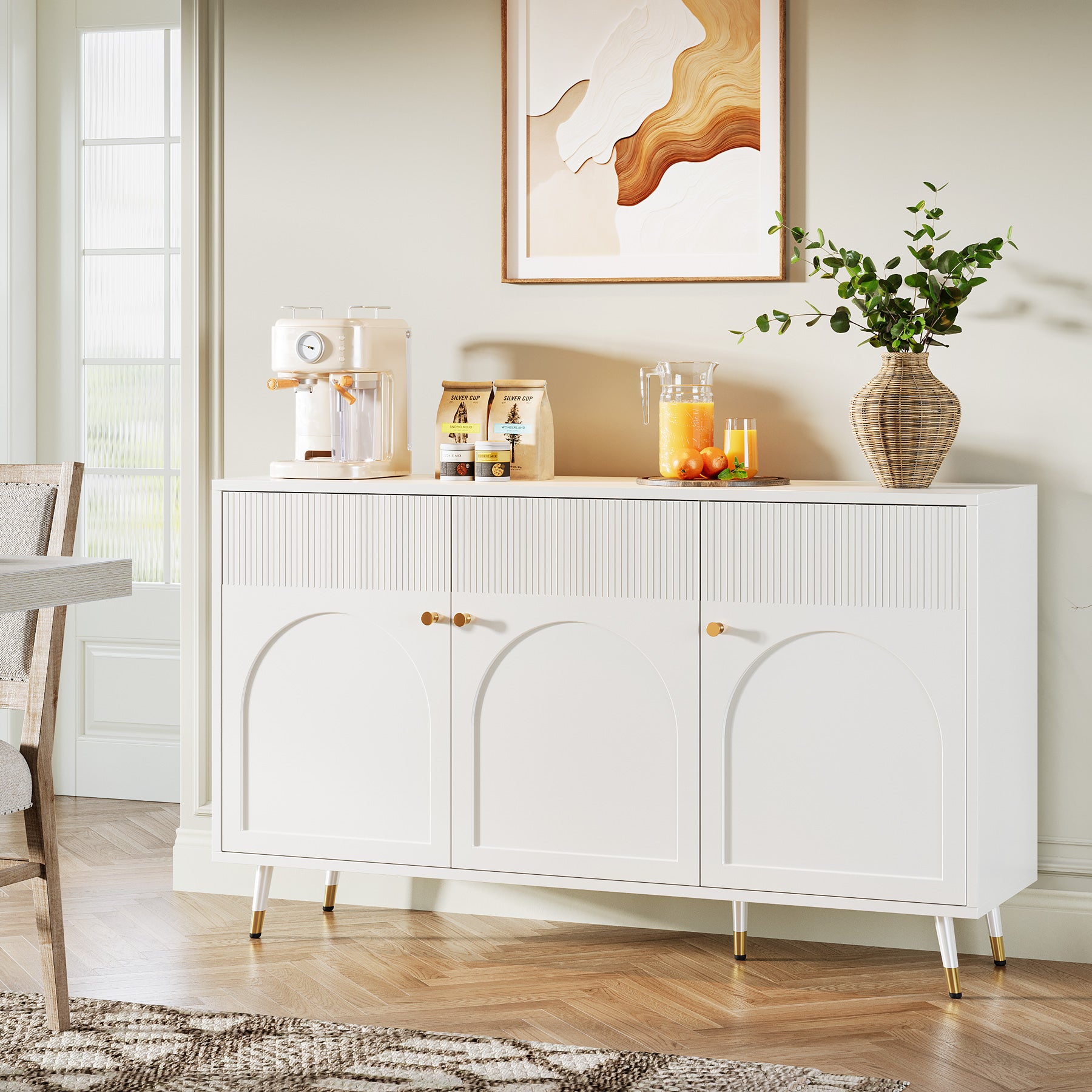 59" Sideboard Buffet, Kitchen Credenza Storage Cabinet with 3 Doors and 2 Shelves