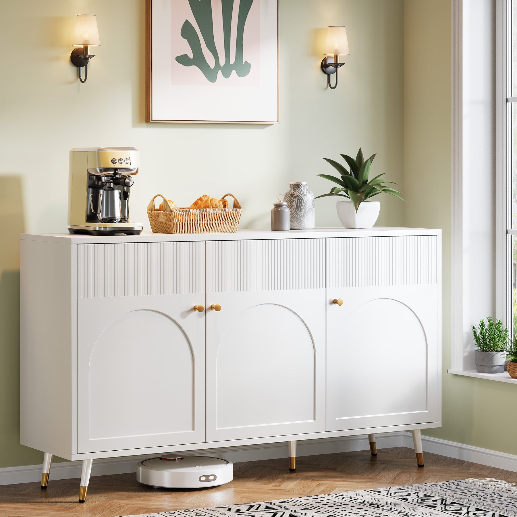 59" Sideboard Buffet, Kitchen Credenza Storage Cabinet with 3 Doors and 2 Shelves