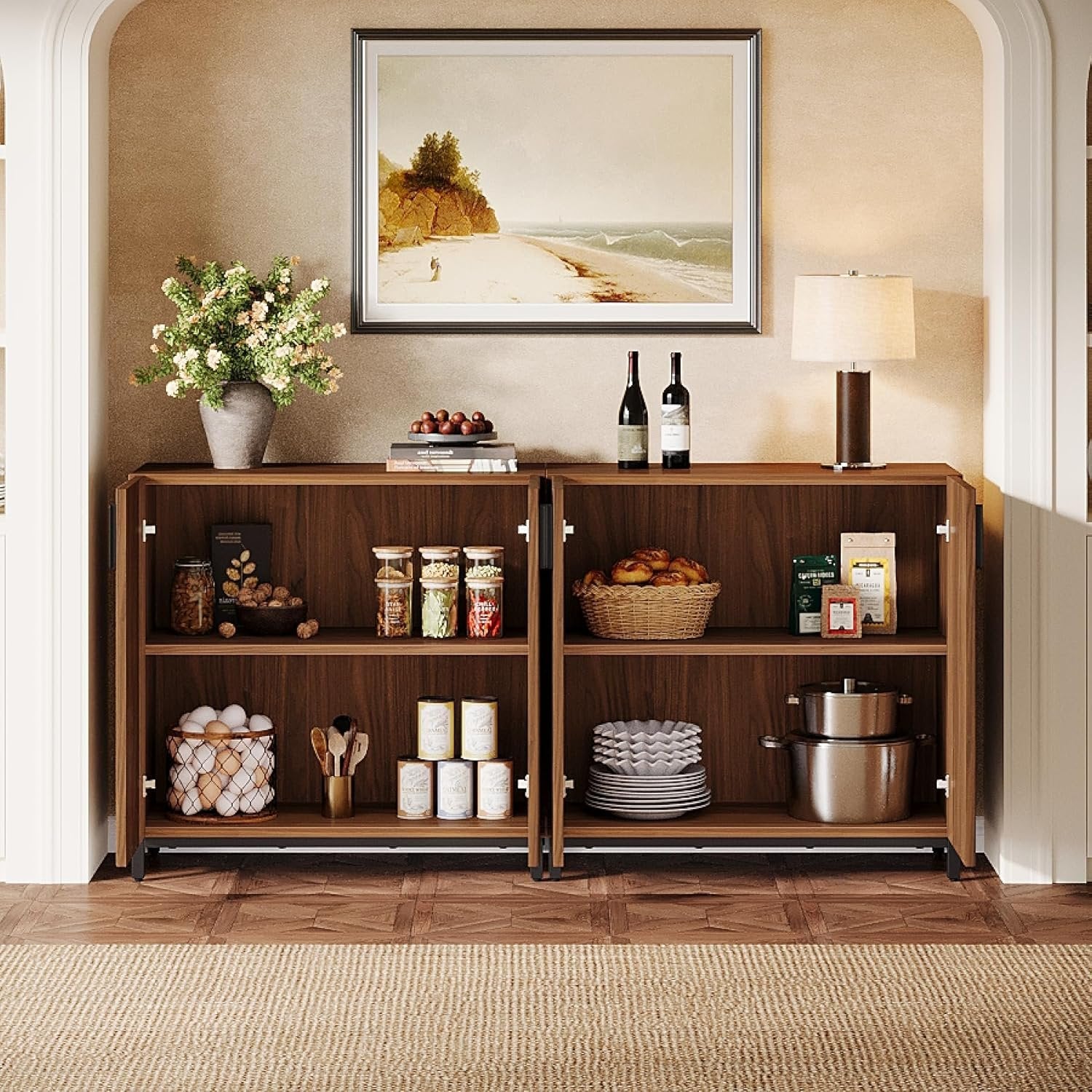 59" Sideboard Buffet, Modern Set of 2 Fluted Storage Cabinet Accent Coffee Bar Cabinet