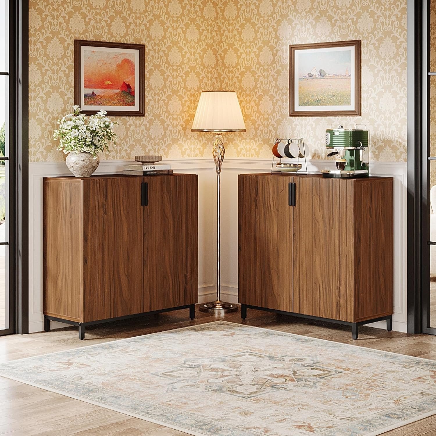 59" Sideboard Buffet, Modern Set of 2 Fluted Storage Cabinet Accent Coffee Bar Cabinet