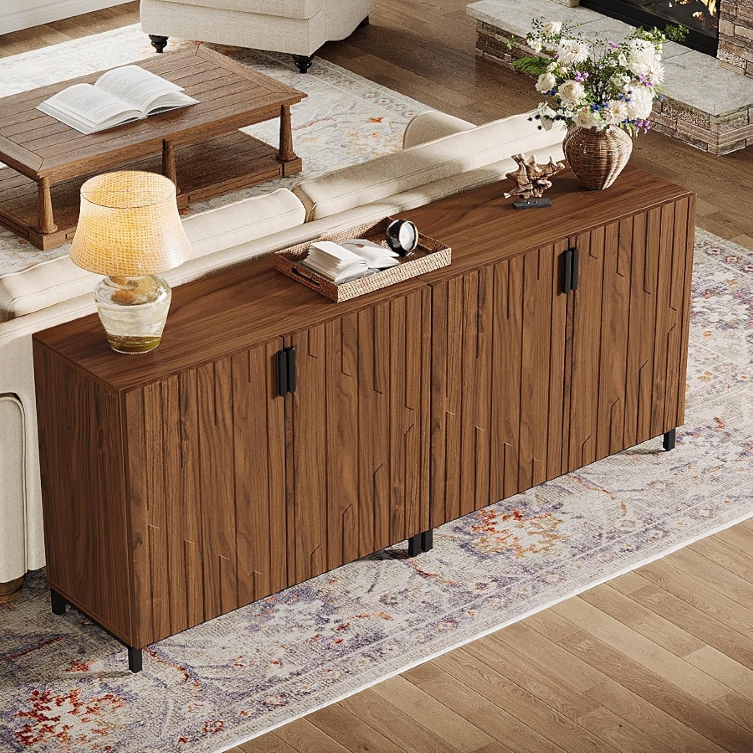 59" Sideboard Buffet, Modern Set of 2 Fluted Storage Cabinet Accent Coffee Bar Cabinet