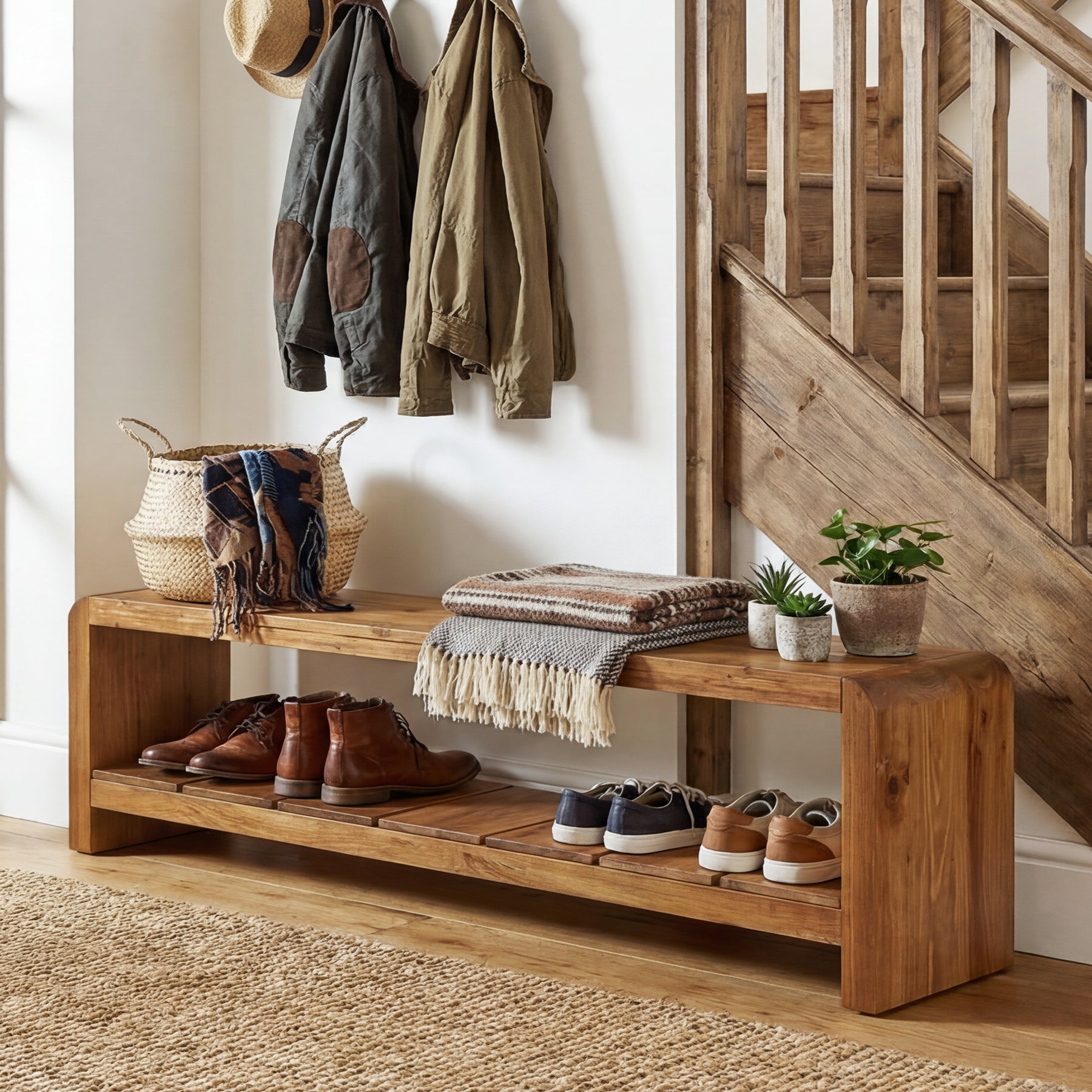 59" Solid Wood Entryway Bench, Farmhouse End of Bed Seating Shoe Bench with Storage