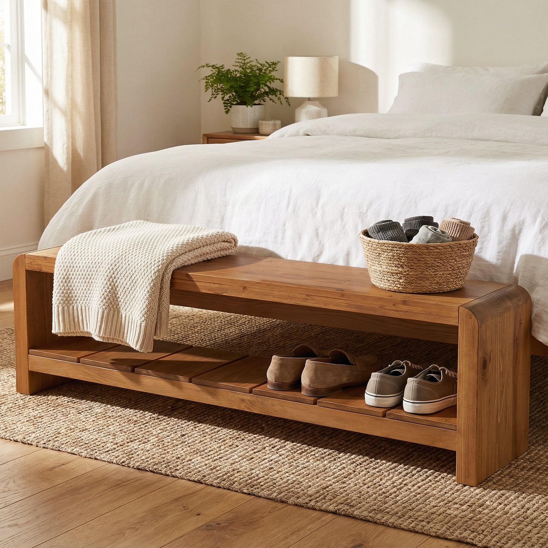 59" Solid Wood Entryway Bench, Farmhouse End of Bed Seating Shoe Bench with Storage