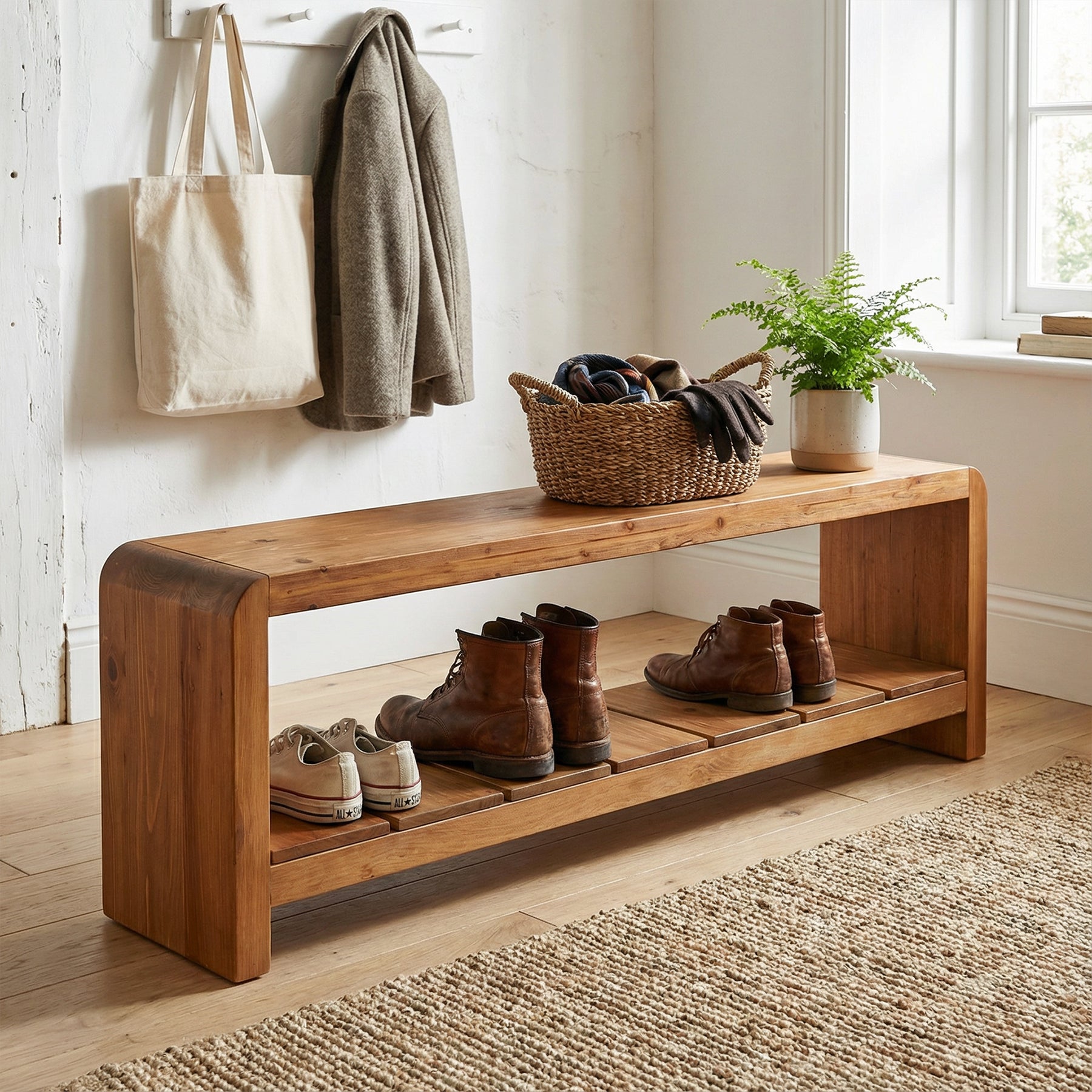 59" Solid Wood Entryway Bench, Farmhouse End of Bed Seating Shoe Bench with Storage