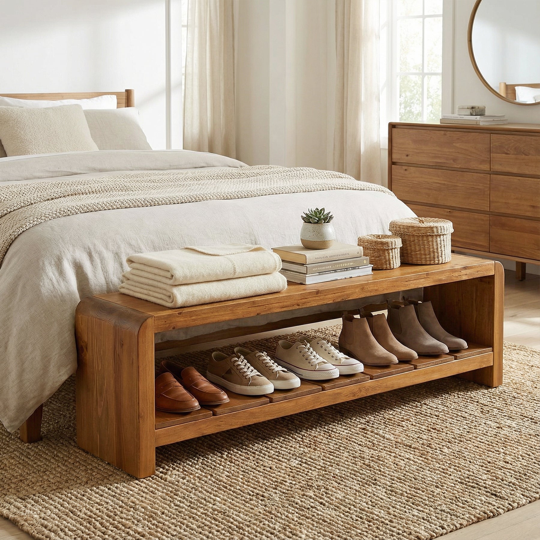 59" Solid Wood Entryway Bench, Farmhouse End of Bed Seating Shoe Bench with Storage