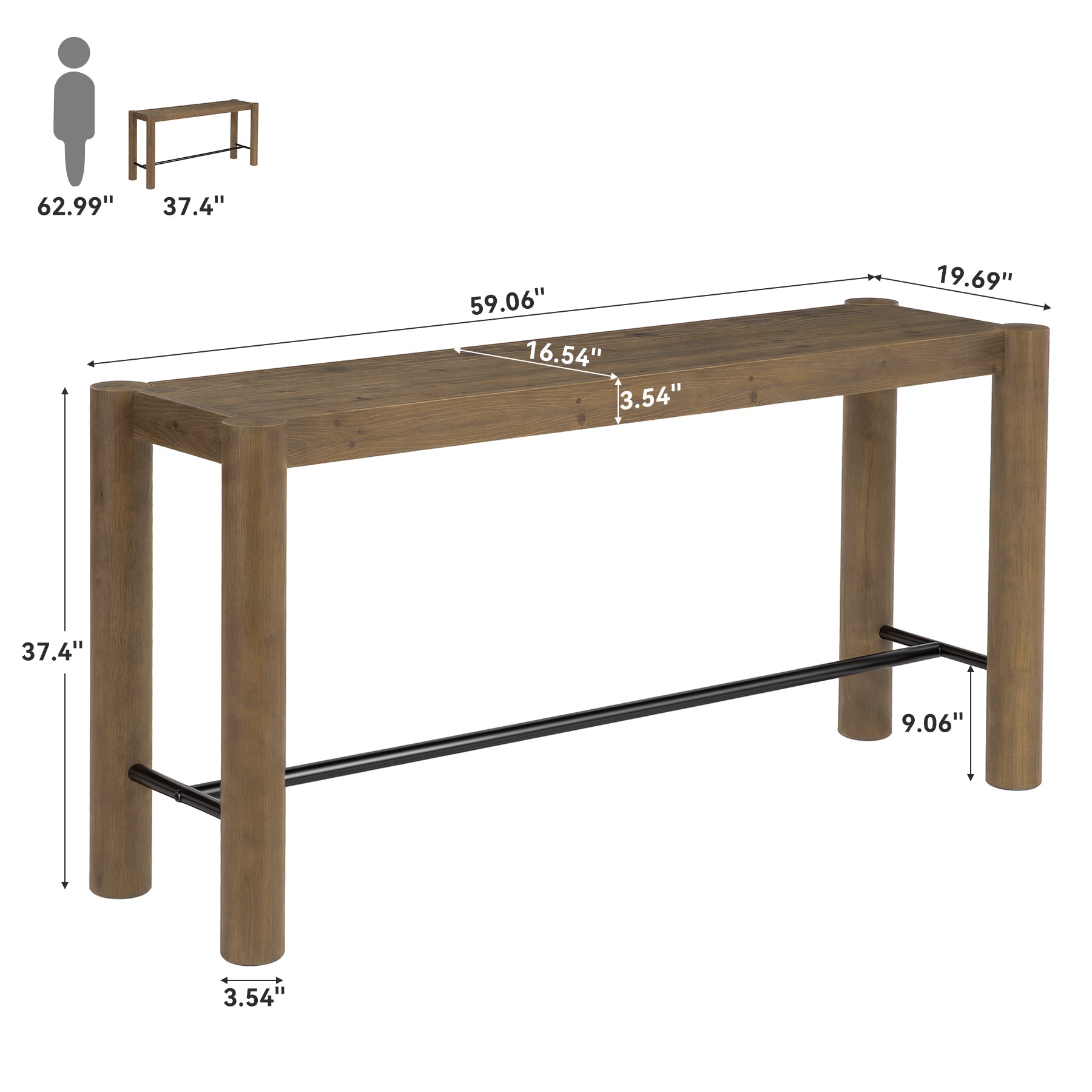 59" Wood Bar Table, Counter Height Dining Table with Metal Footrest for Kitchen