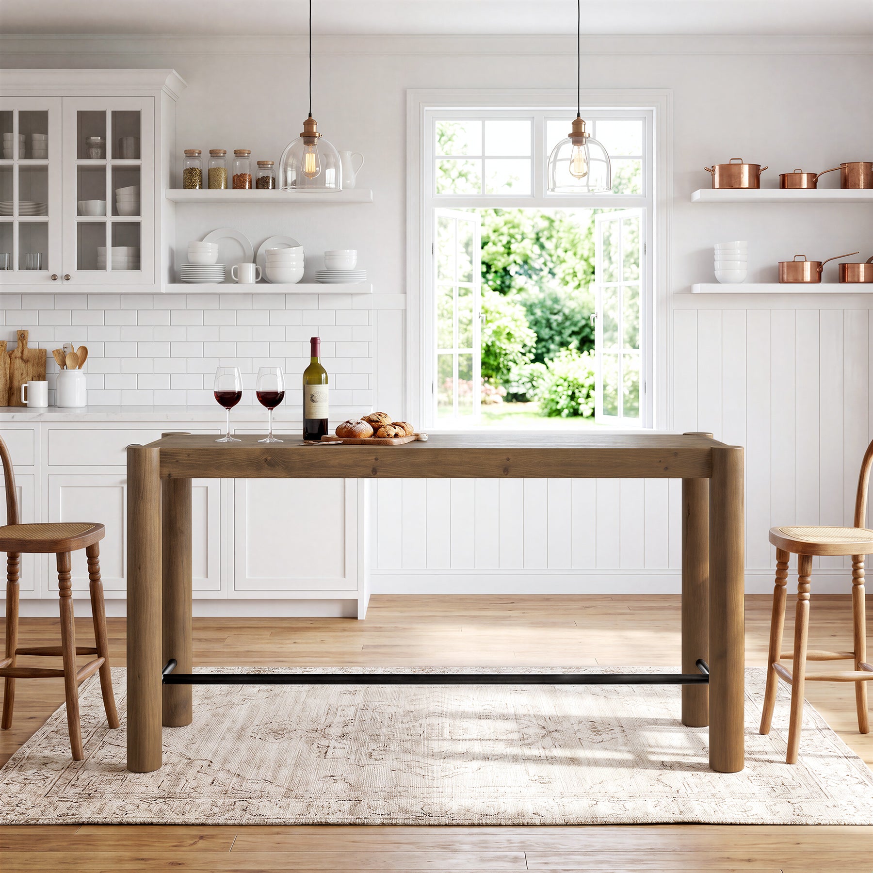 59" Wood Bar Table, Counter Height Dining Table with Metal Footrest for Kitchen