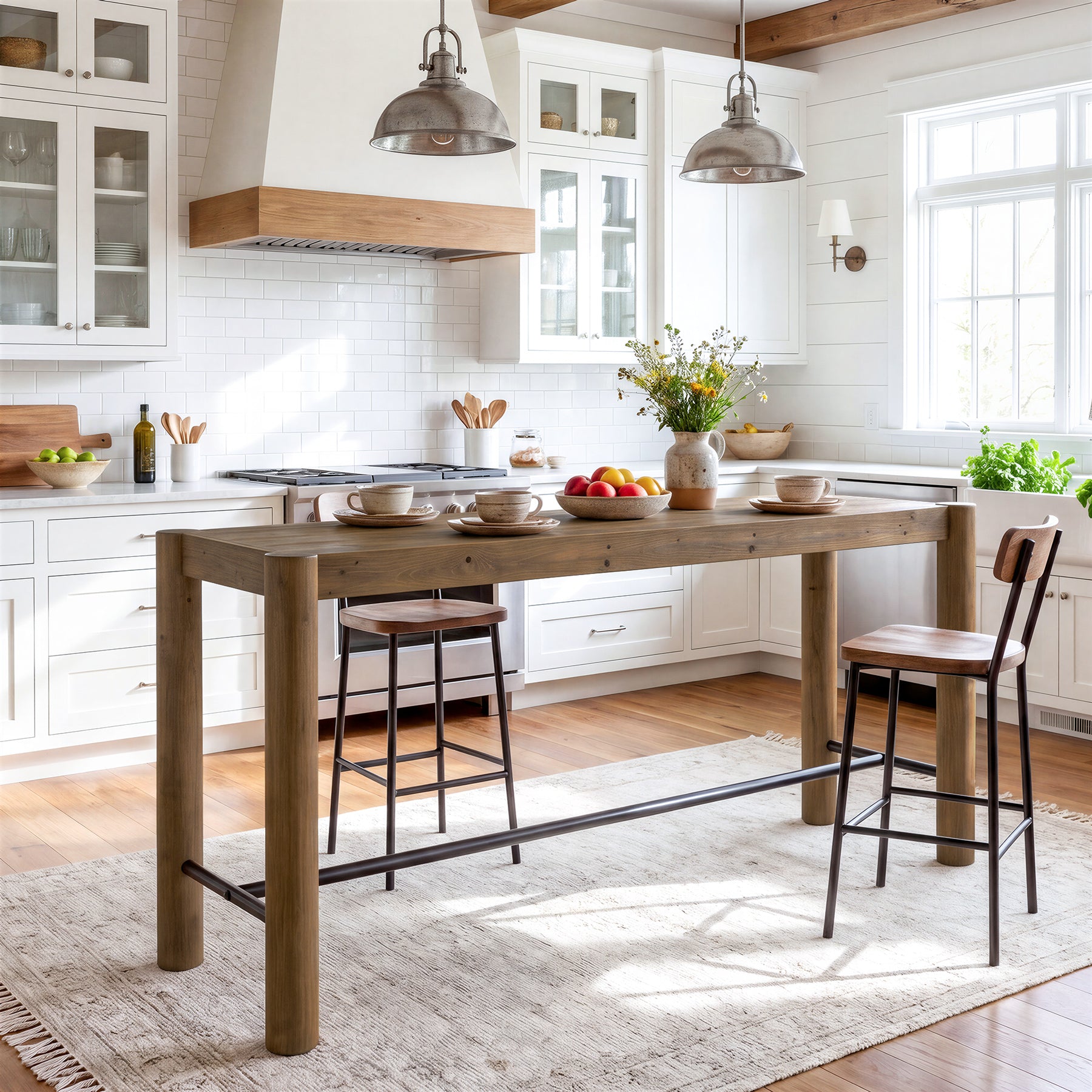 59" Wood Bar Table, Counter Height Dining Table with Metal Footrest for Kitchen