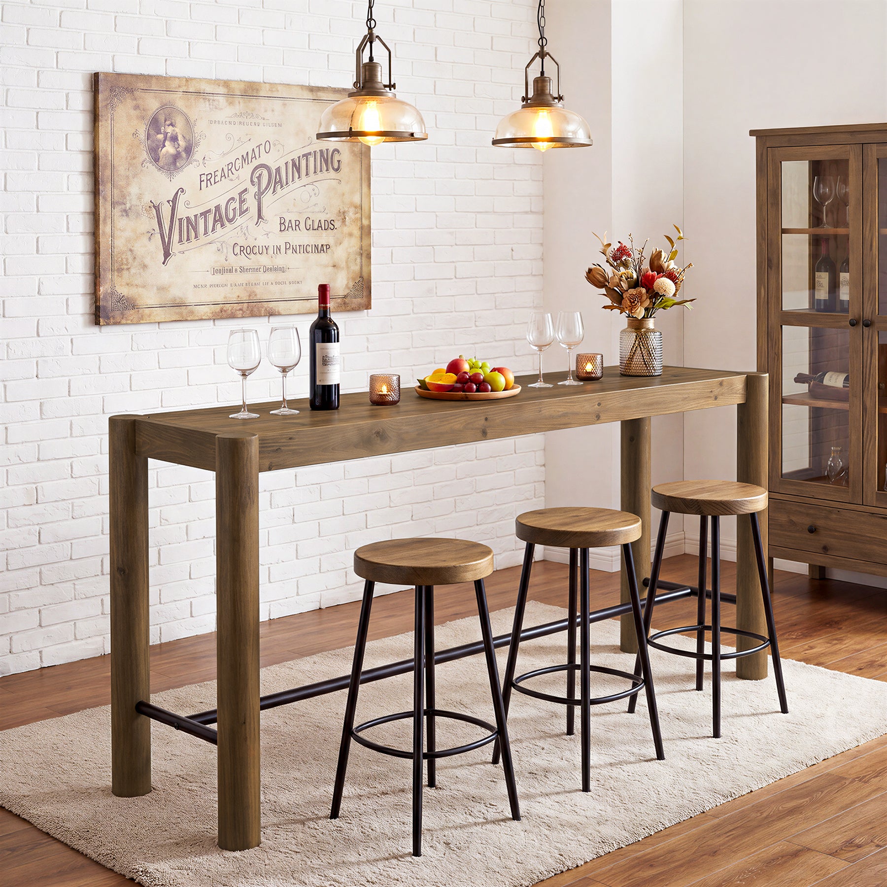 59" Wood Bar Table, Counter Height Dining Table with Metal Footrest for Kitchen