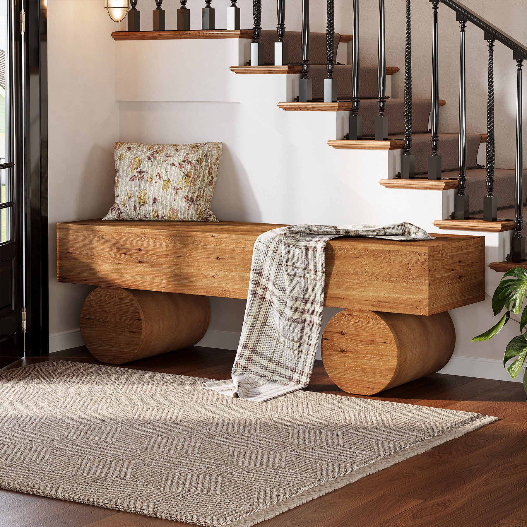 59" Wood Entryway Bench, Narrow Shoe Bench Seat End of Bed Bench with Cylindrical Legs