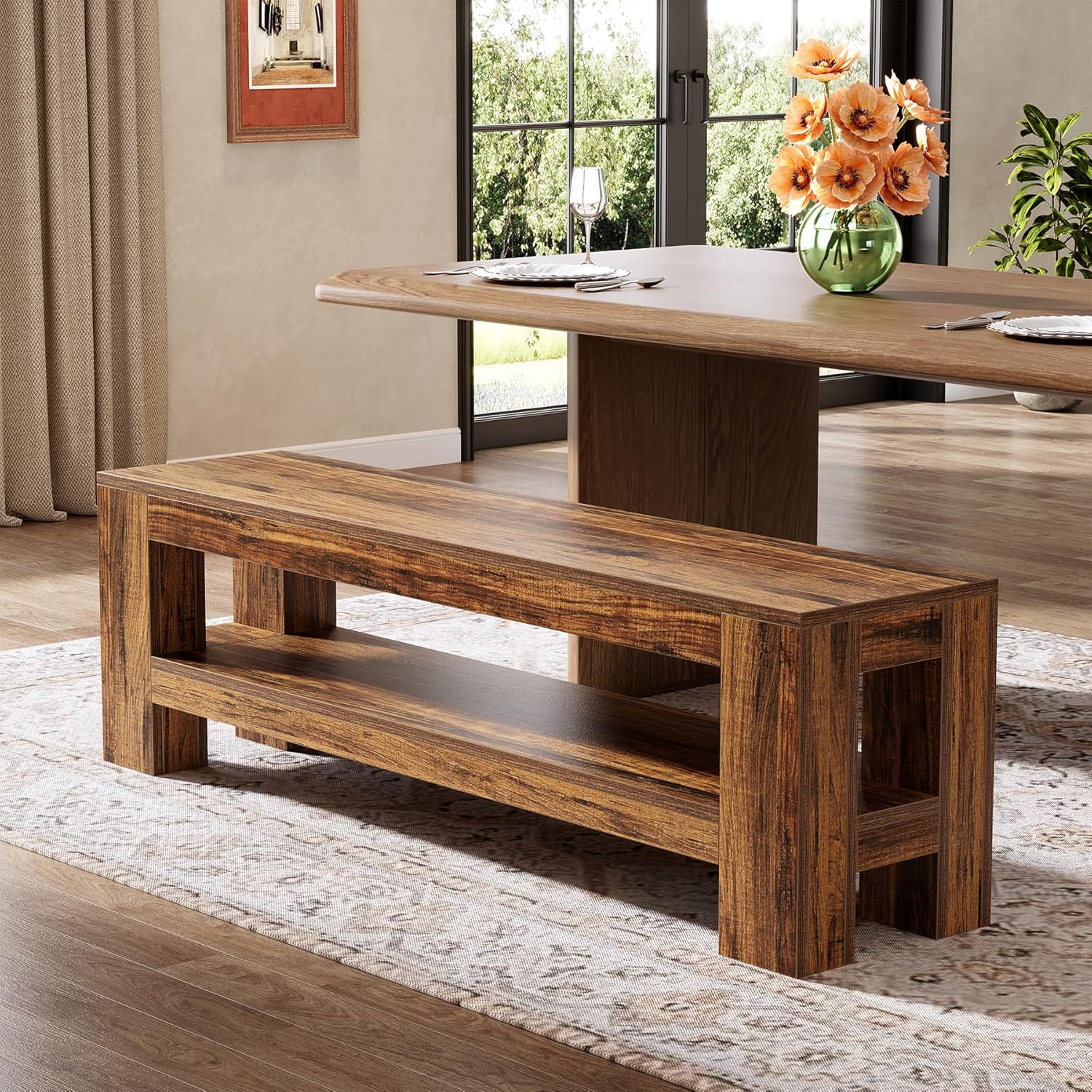 59" Wooden Dining Bench, Farmhouse Indoor Kitchen Bench with Storage Shelf