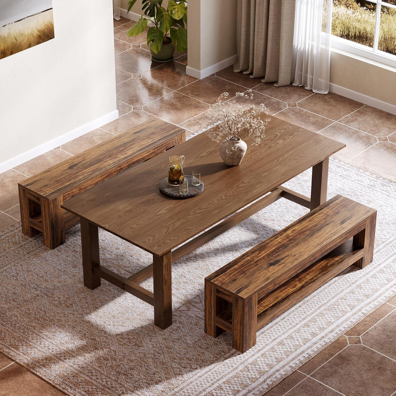 59" Wooden Dining Bench, Farmhouse Indoor Kitchen Bench with Storage Shelf