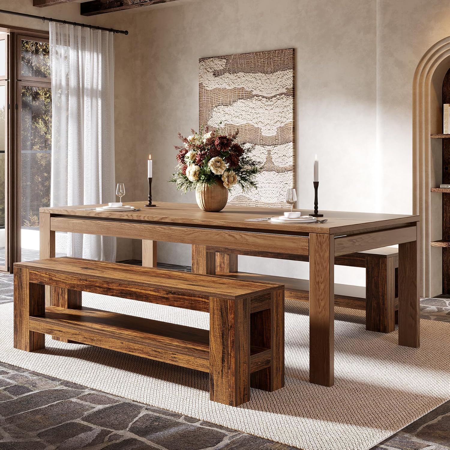 59" Wooden Dining Bench, Farmhouse Indoor Kitchen Bench with Storage Shelf