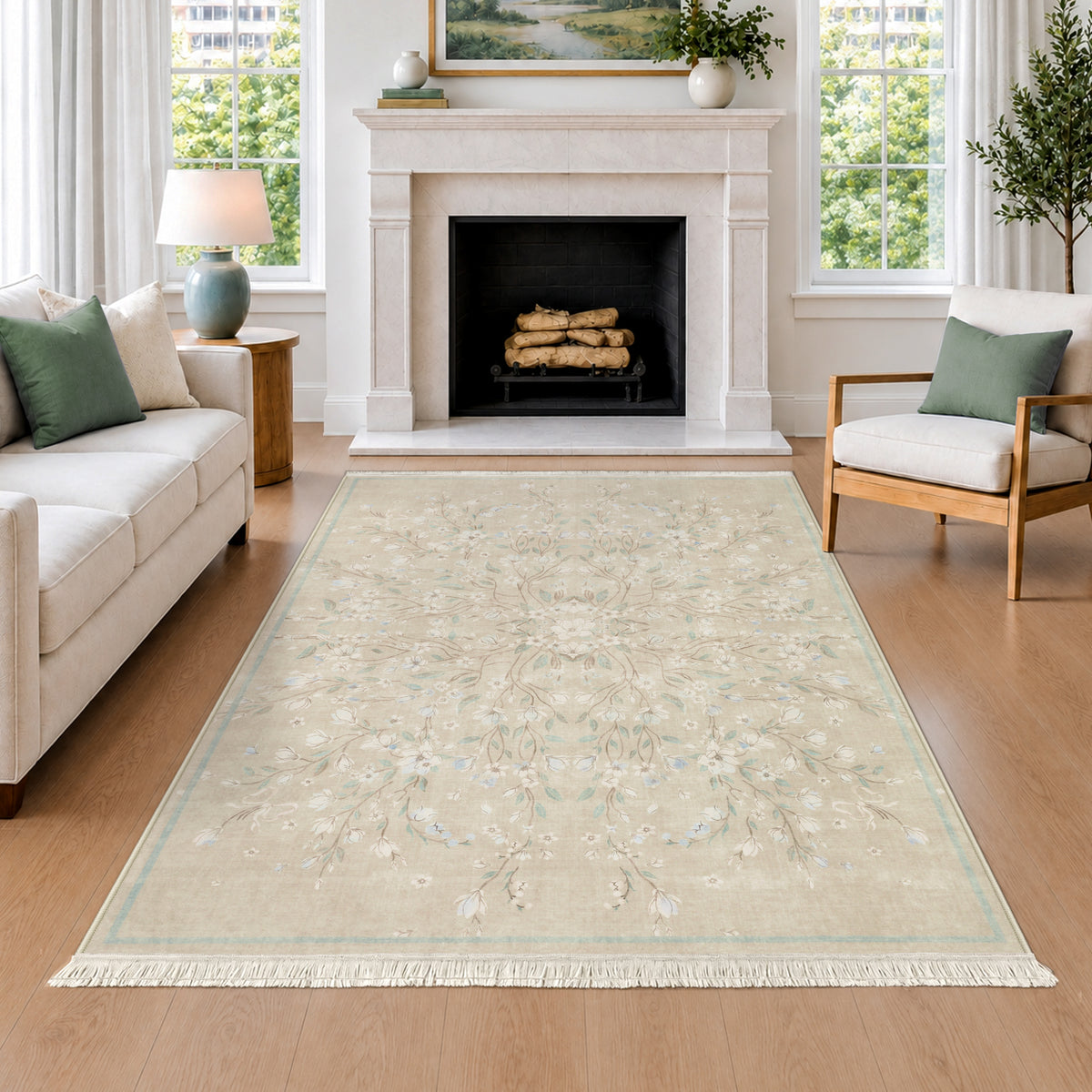 Boho Floral Washable Area Rug,Soft Non-Slip Low Pile Carpet for Living Room