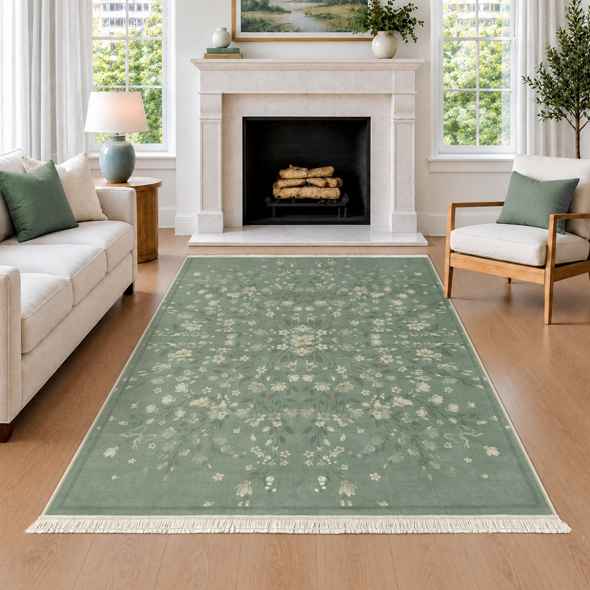 Boho Floral Washable Area Rug,Soft Non-Slip Low Pile Carpet for Living Room