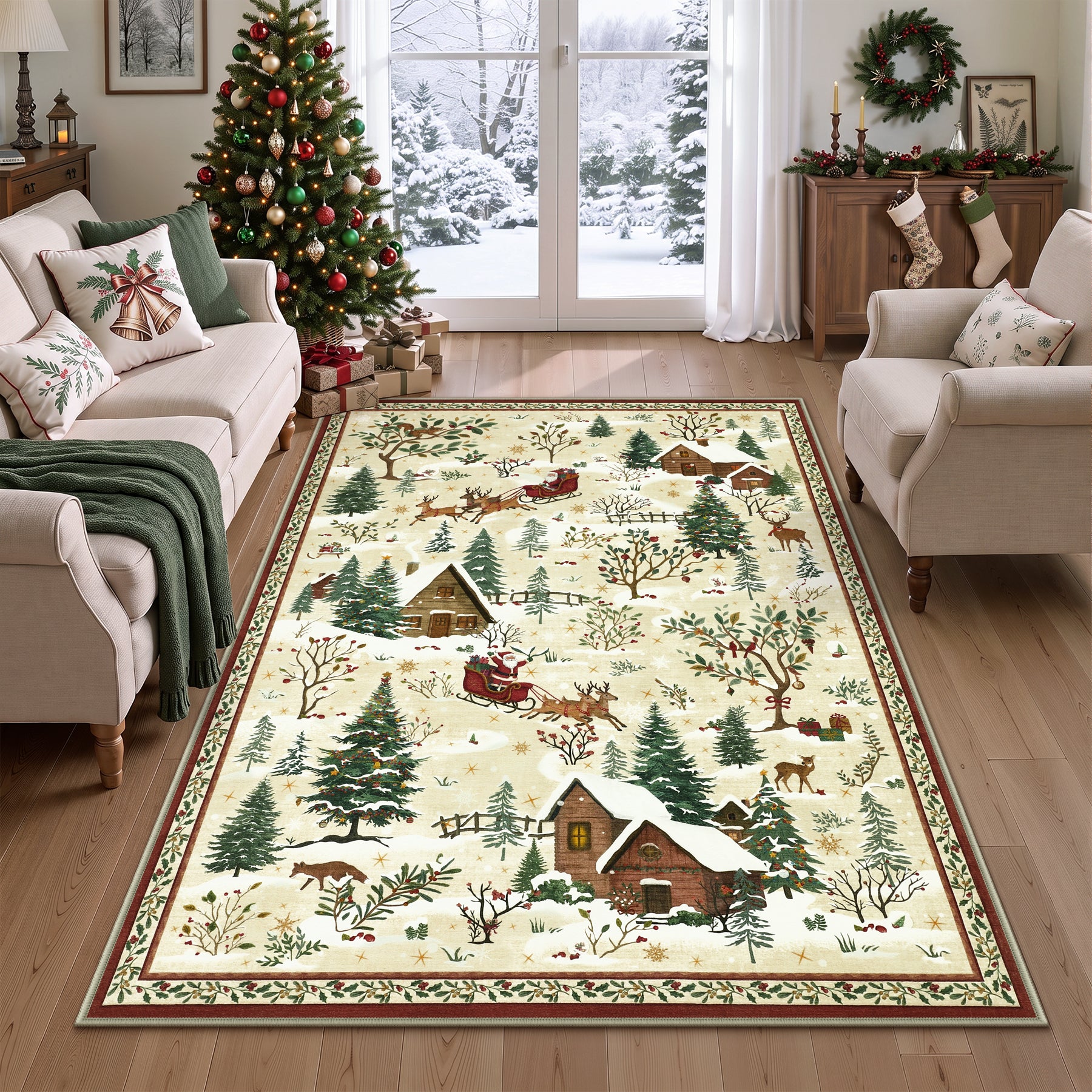 Christmas Snow Forest Washable Area Rug, Soft Holiday Scene Non-Slip Indoor Rug for Living Room Bedroom, Oeko-Tex Certified
