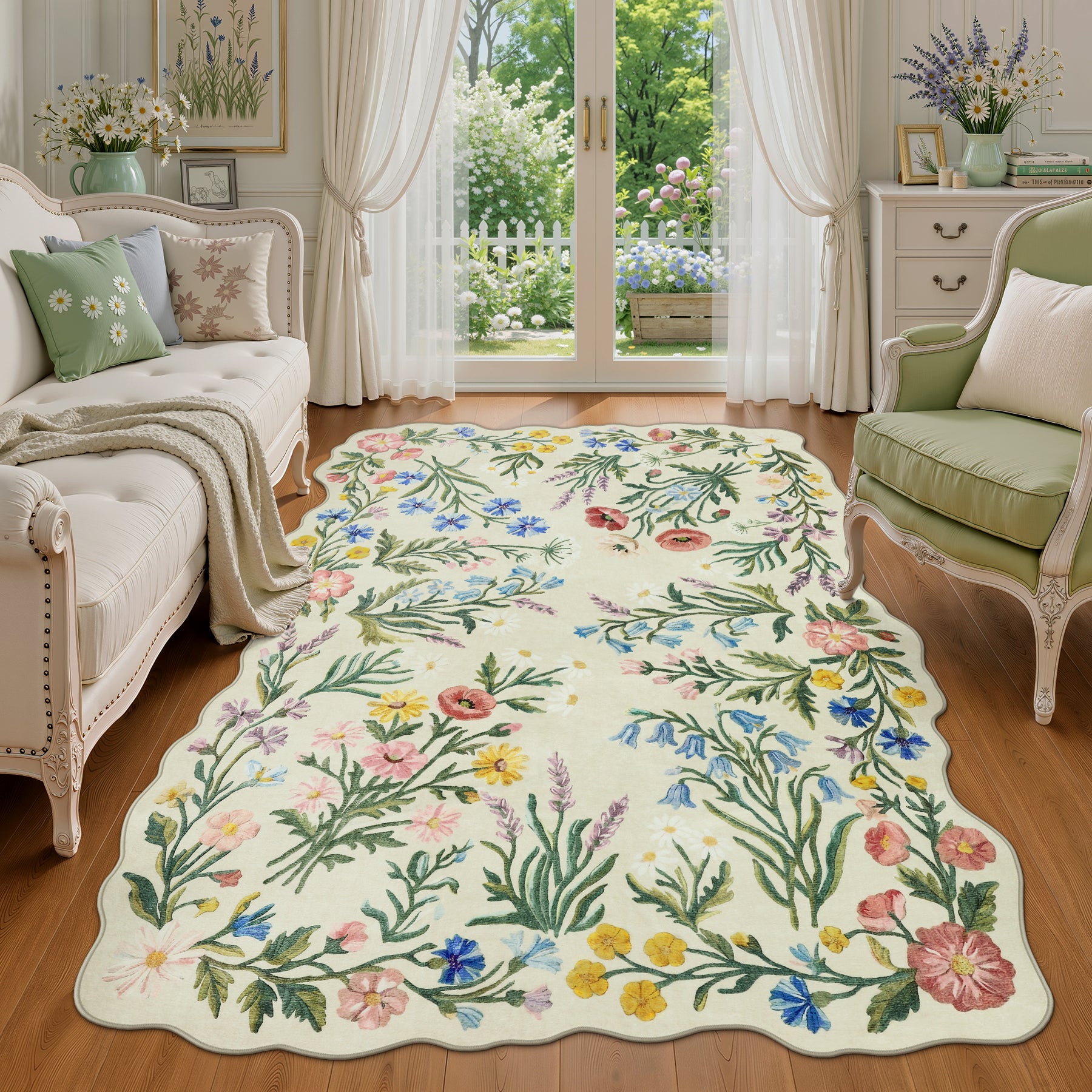 5x7/8x10 Floral Area Rug, Machine Washable Faux Wool, Non-Slip Scalloped Botanical Carpet