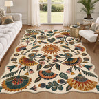 Boho Floral Washable Area Rug, Non-Slip Rug for Living Room Bedroom, Boho Floral Carpet